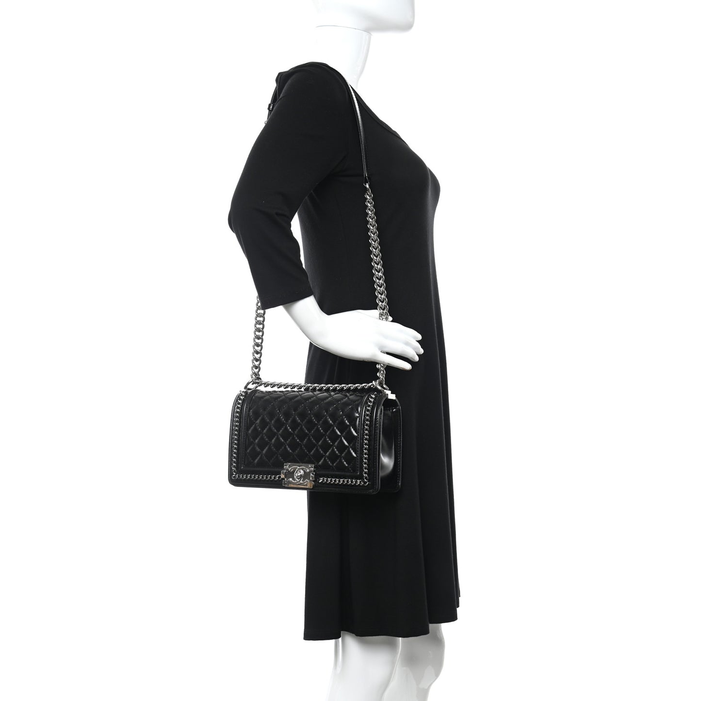 Glazed Calfskin Quilted Medium Chain Around Boy Flap Black