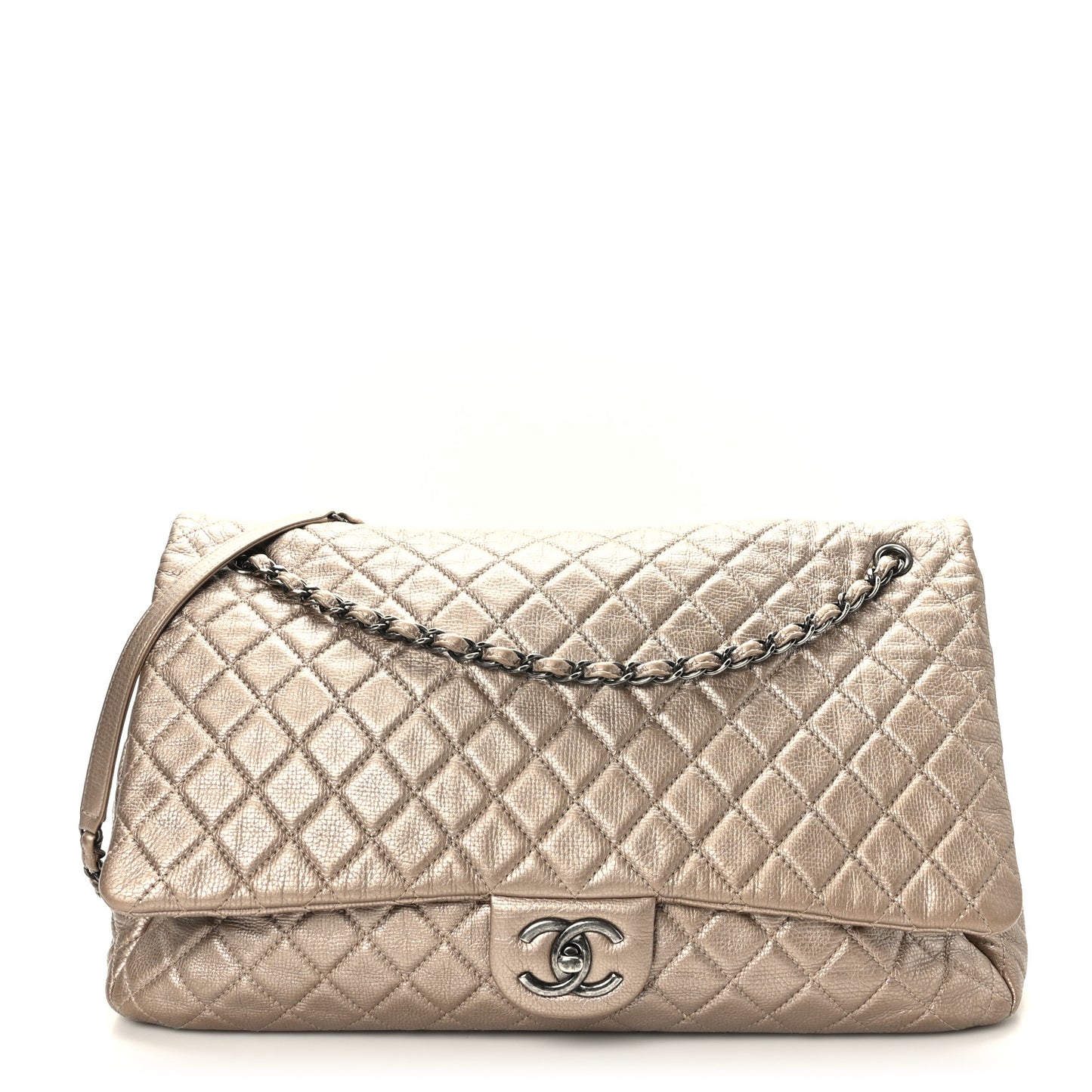 Metallic Calfskin Quilted XXL Travel Flap Bag Gold