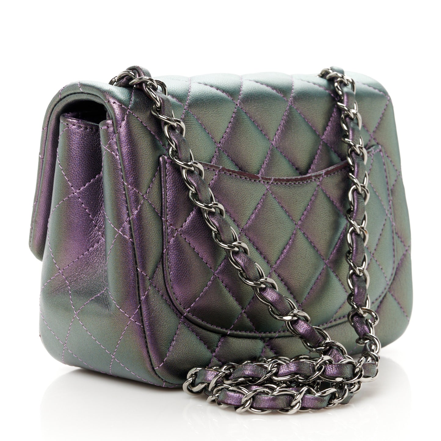 Iridescent Lambskin Quilted Mini Square Flap Dark Purple