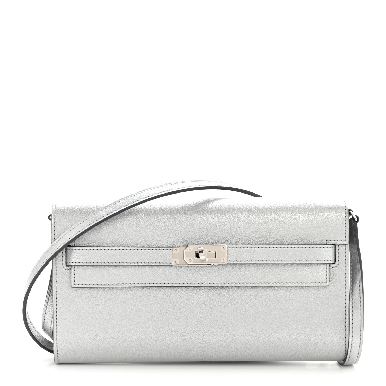 Hermes Metallic Chevre Chamkilight Kelly Wallet To Go Argent