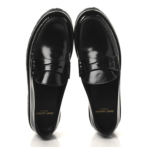 Glazed Calfskin Le Loafer 15 Penny Slippers 38.5 Black