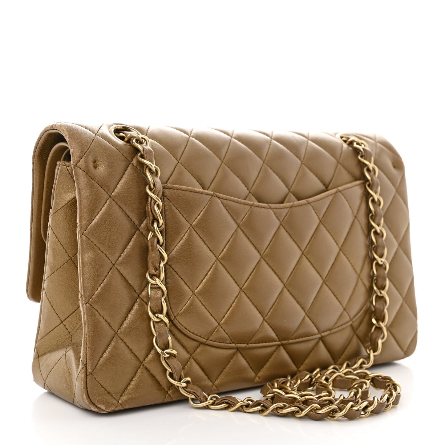 Metallic Lambskin Quilted Medium Double Flap Khaki