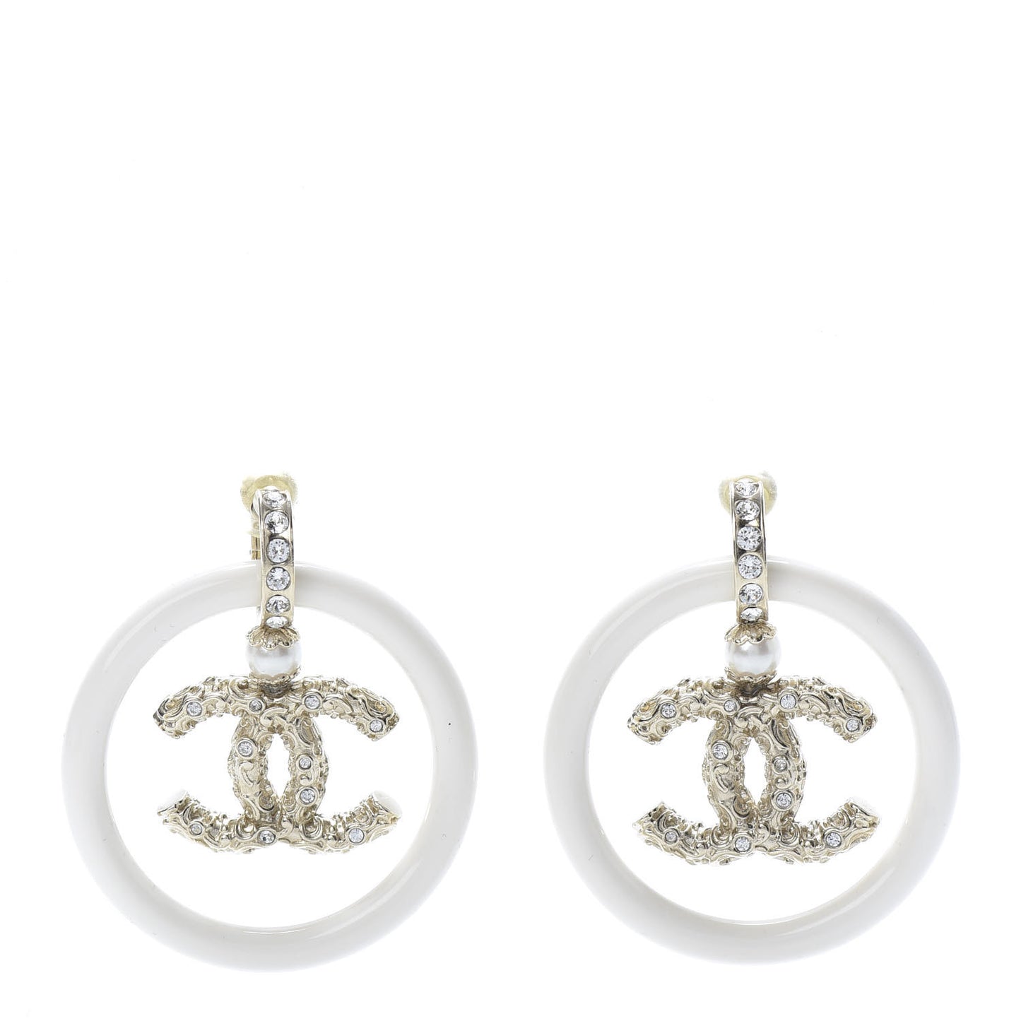 Resin Crystal Pearl CC Drop Earrings White Gold