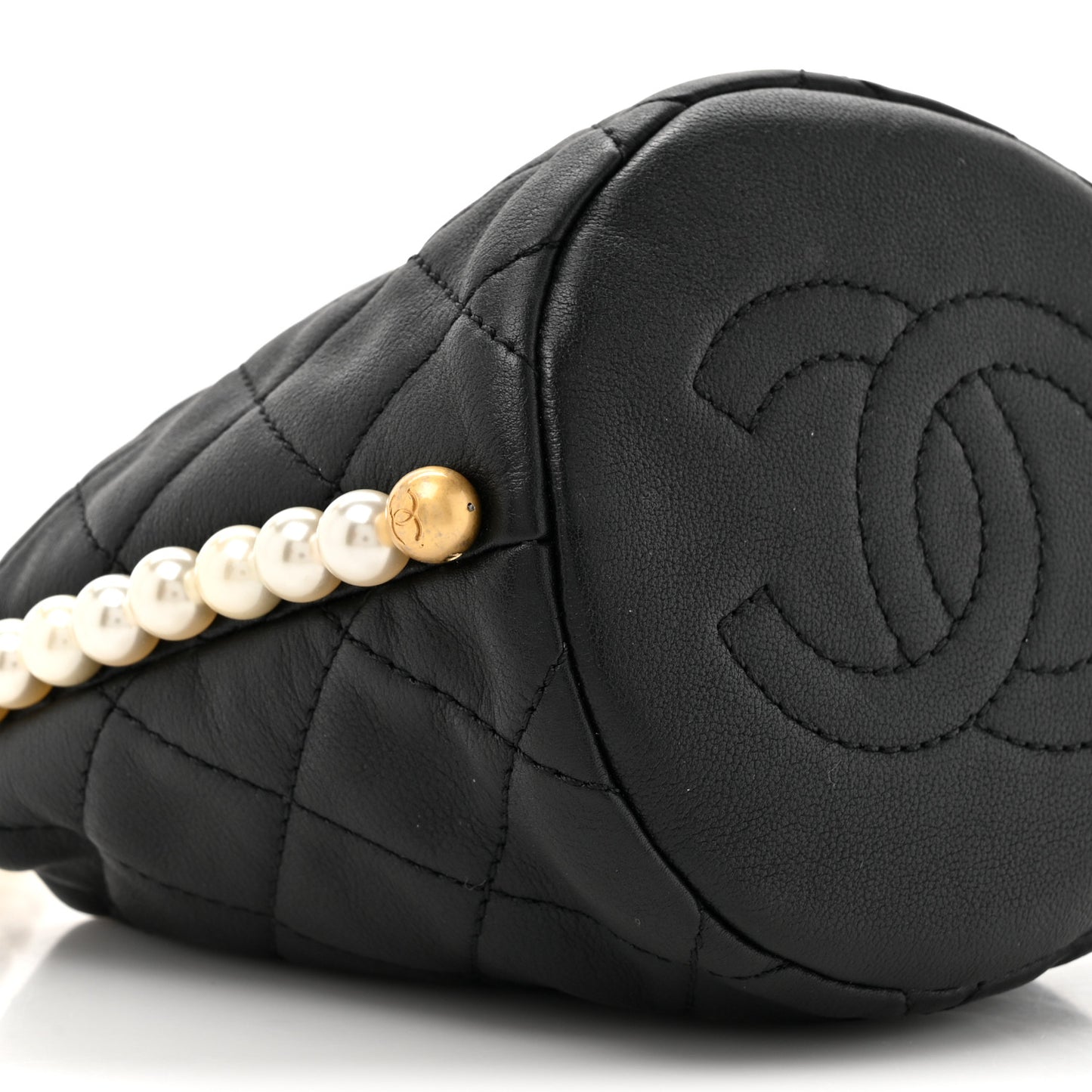 Calfskin Quilted Pearl Mini About Pearls Drawstring Bucket Bag Black