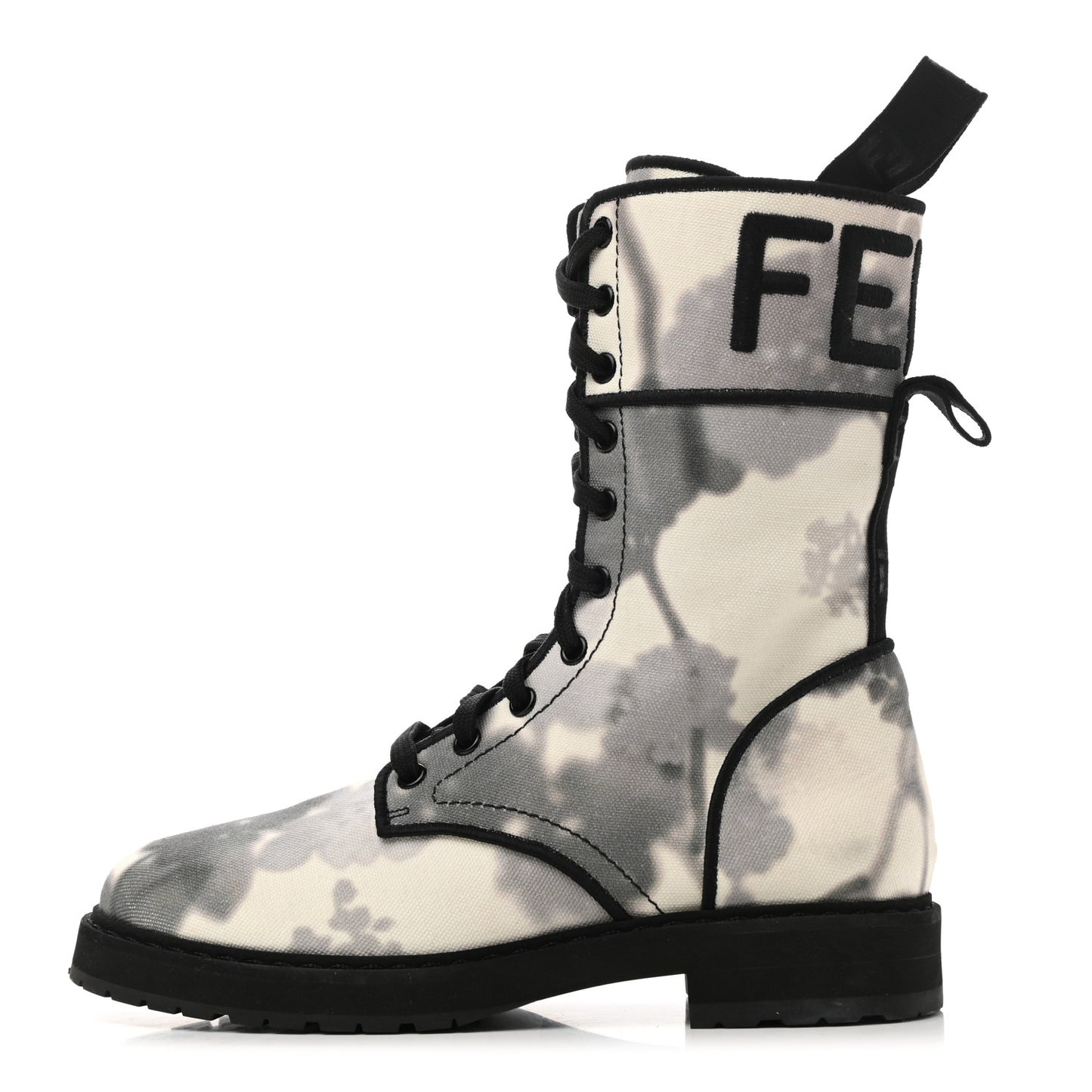 Canvas Floral Print Logo Bi-Color Womens Biker Boots 37 White Black