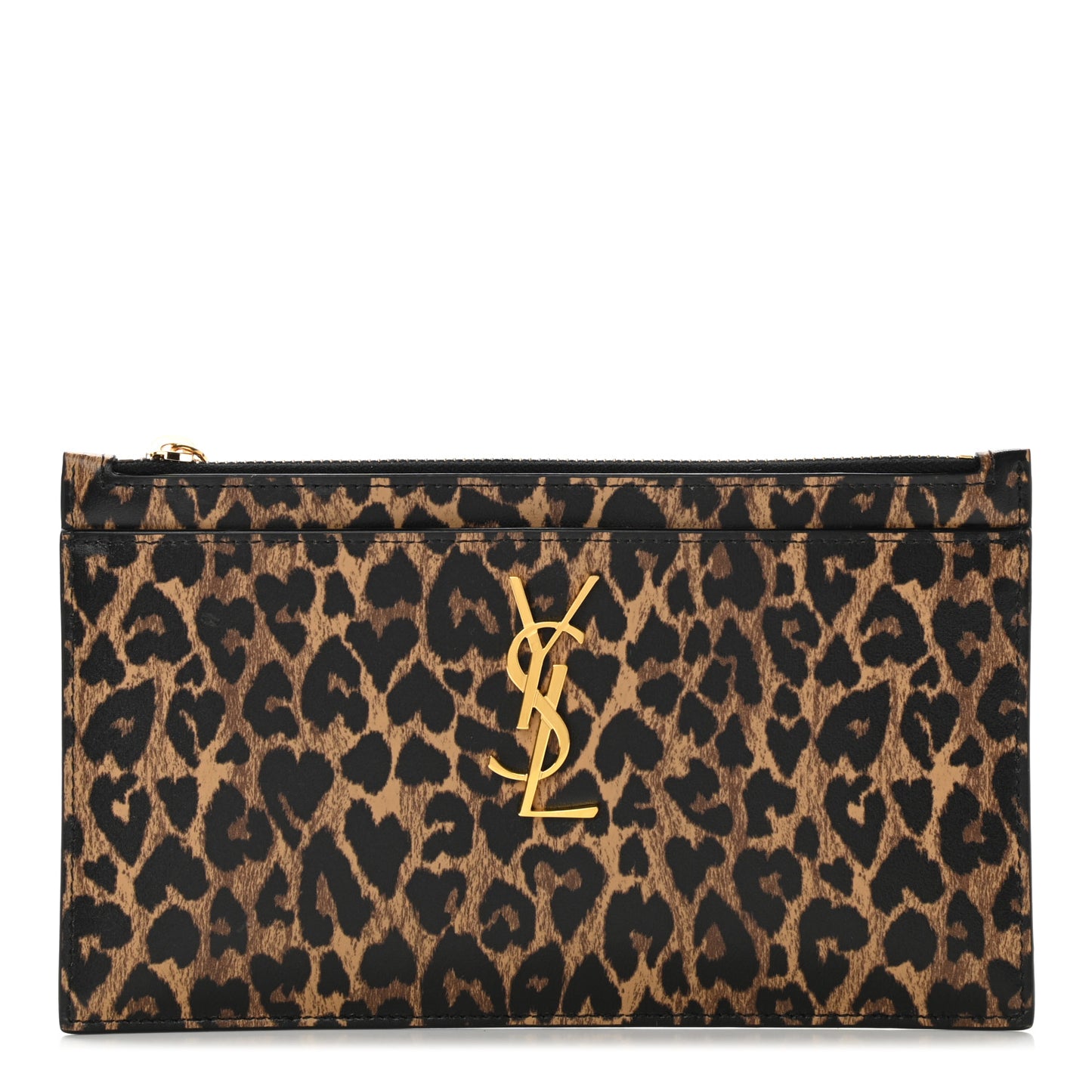 Calfskin Monogram Printed Leopard Zip Bill Pouch Dark Gold Black
