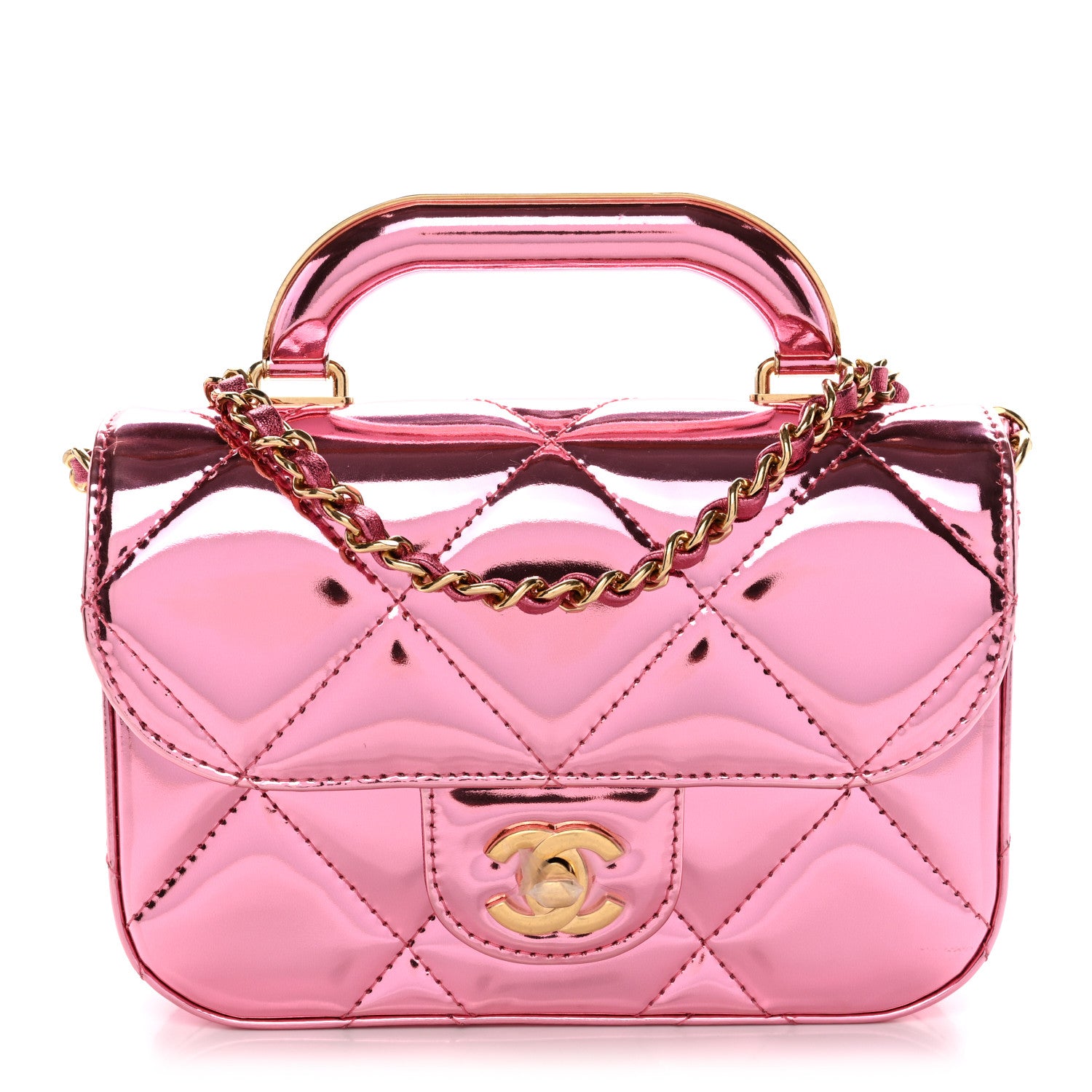 Meron。CHANEL Chanel Mirror Metallic Calfskin Quilted Mini Top Handle Flap Pink