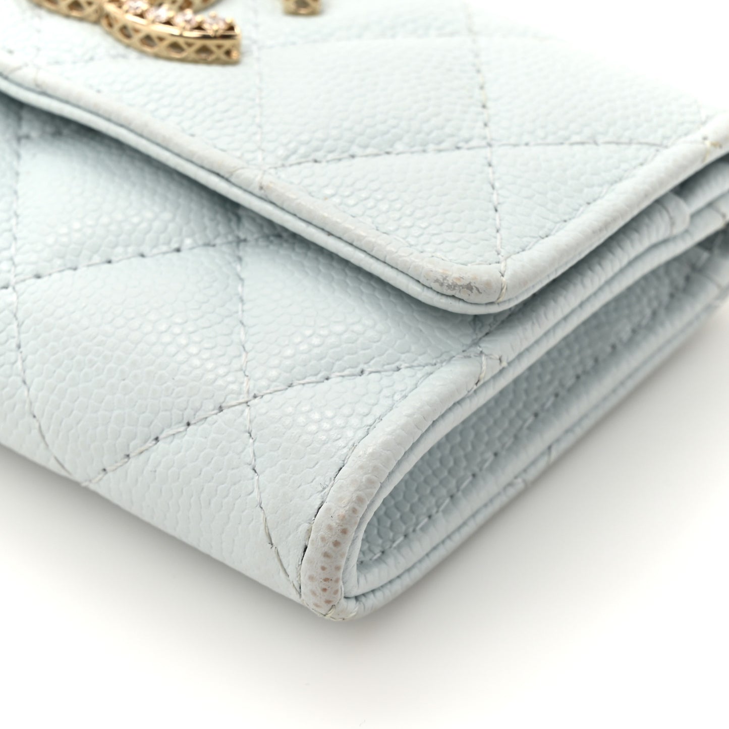 Shiny Caviar Quilted Crystal CC Flap Card Holder Light Blue