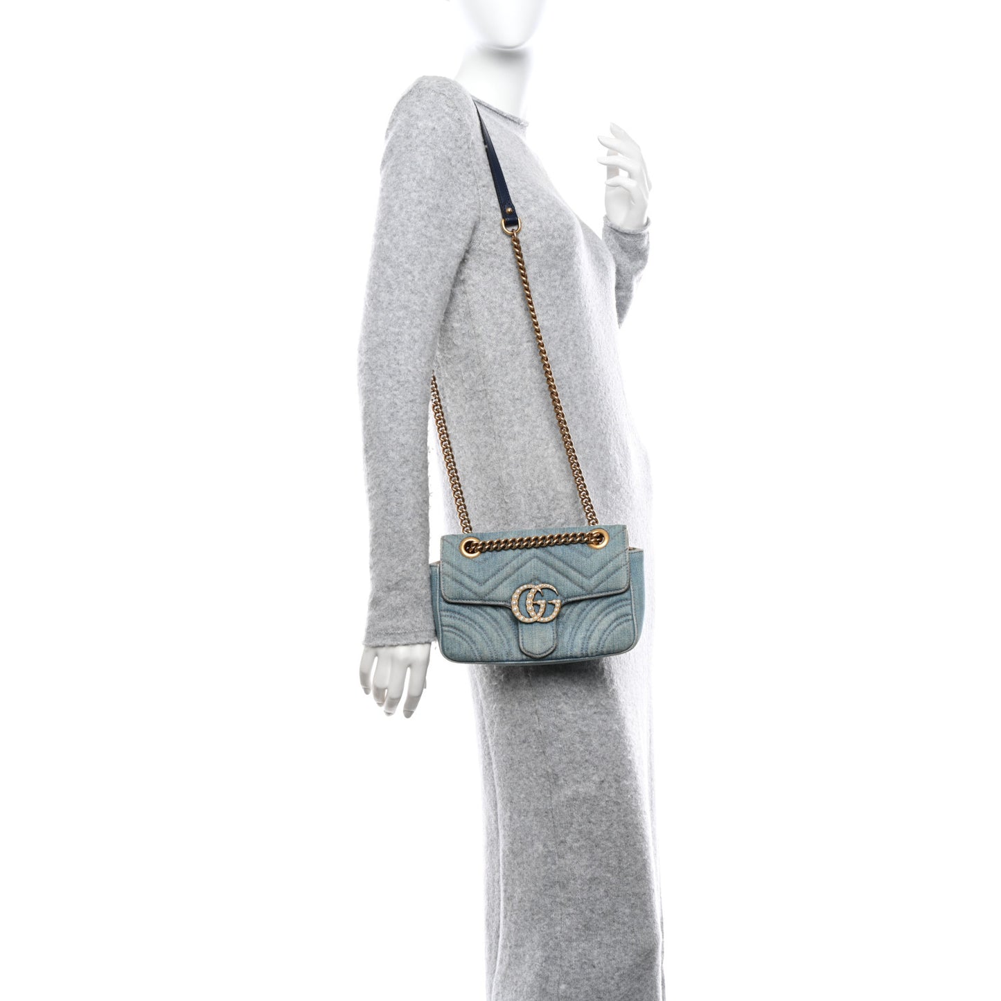 Denim Matelasse Mini Pearly GG Marmont Shoulder Bag Blue