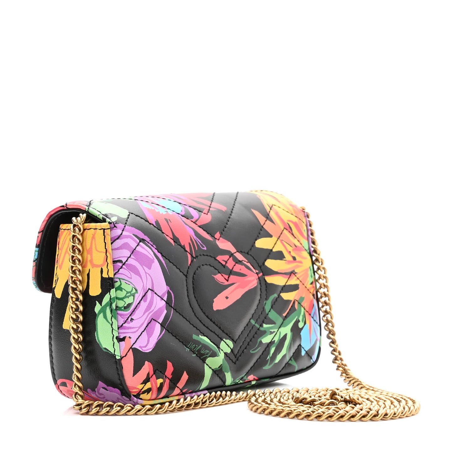X KEN SCOTT Calfskin Matelasse Floral Print Super Mini GG Marmont Shoulder Bag Black