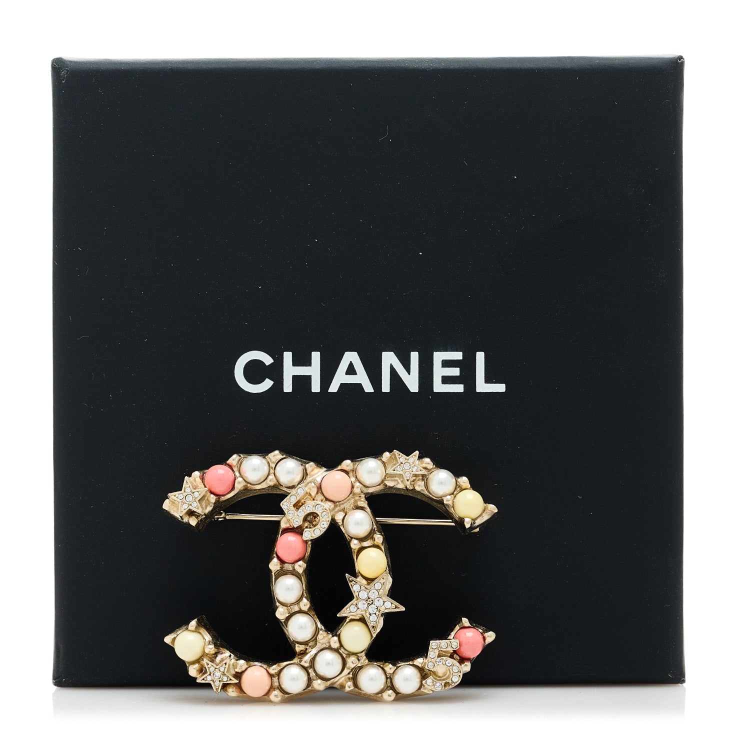 Chanel Crystal Pearl Resin CC Star No 5 Brooch Gold White Pink 4 of 4