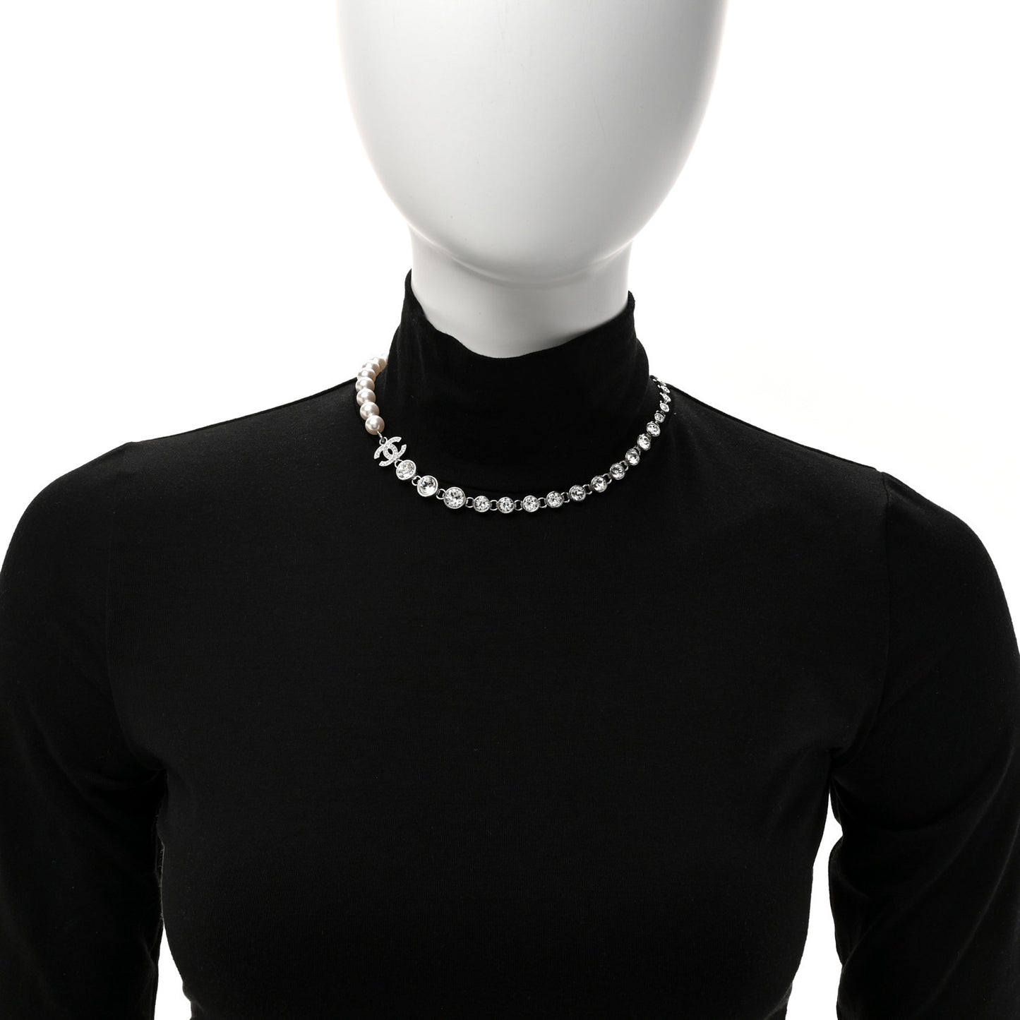 Pearl Crystal CC Choker Necklace Silver