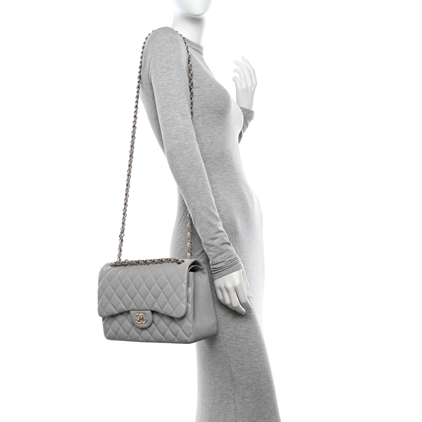 Caviar Quilted Jumbo Double Flap Grey
