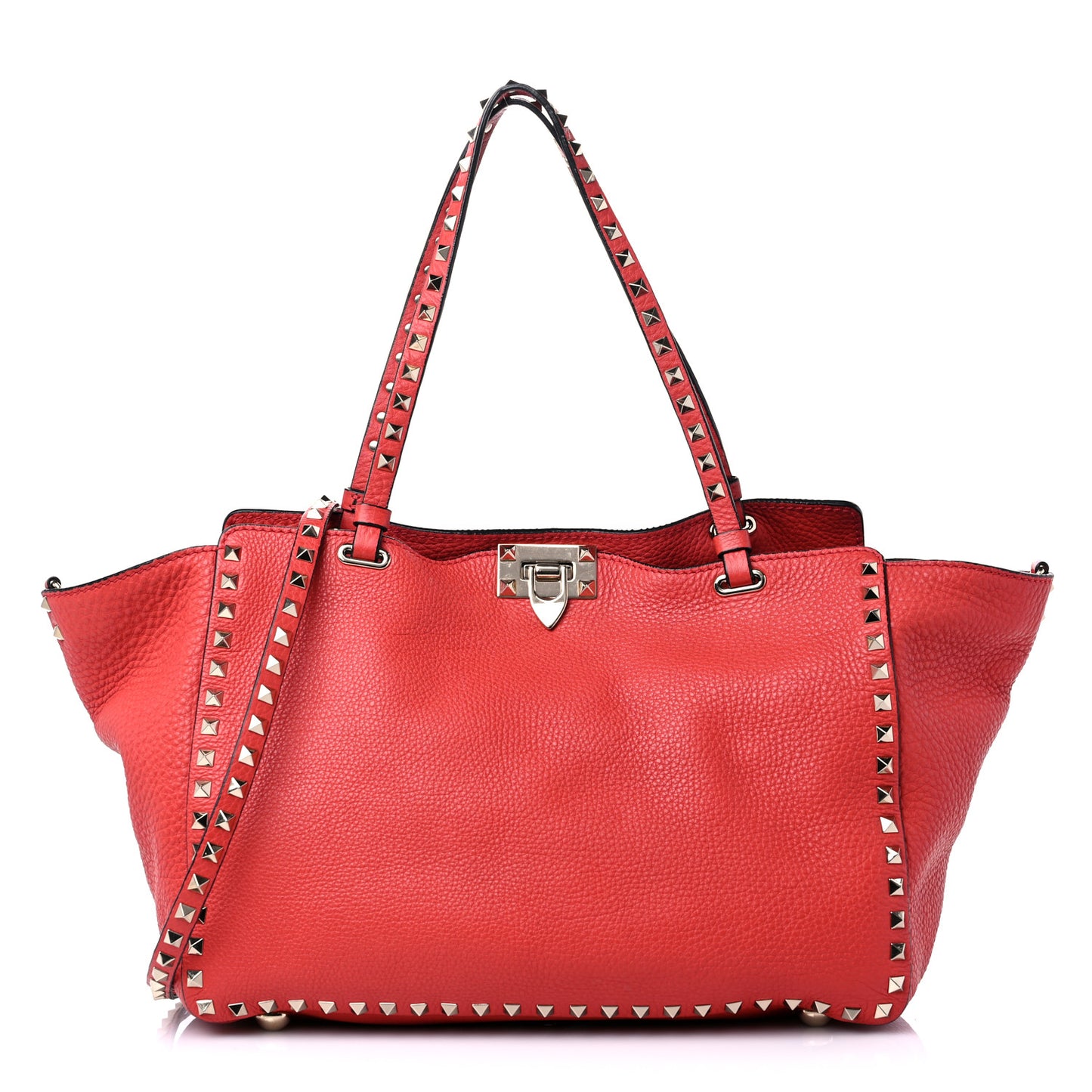 Pebbled Calfskin Medium Rockstud Tote Deep Coral