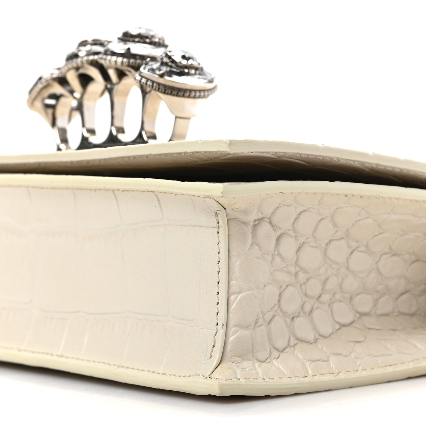 Shiny Calfskin Crocodile Embossed Knuckle Jeweled Crossbody White