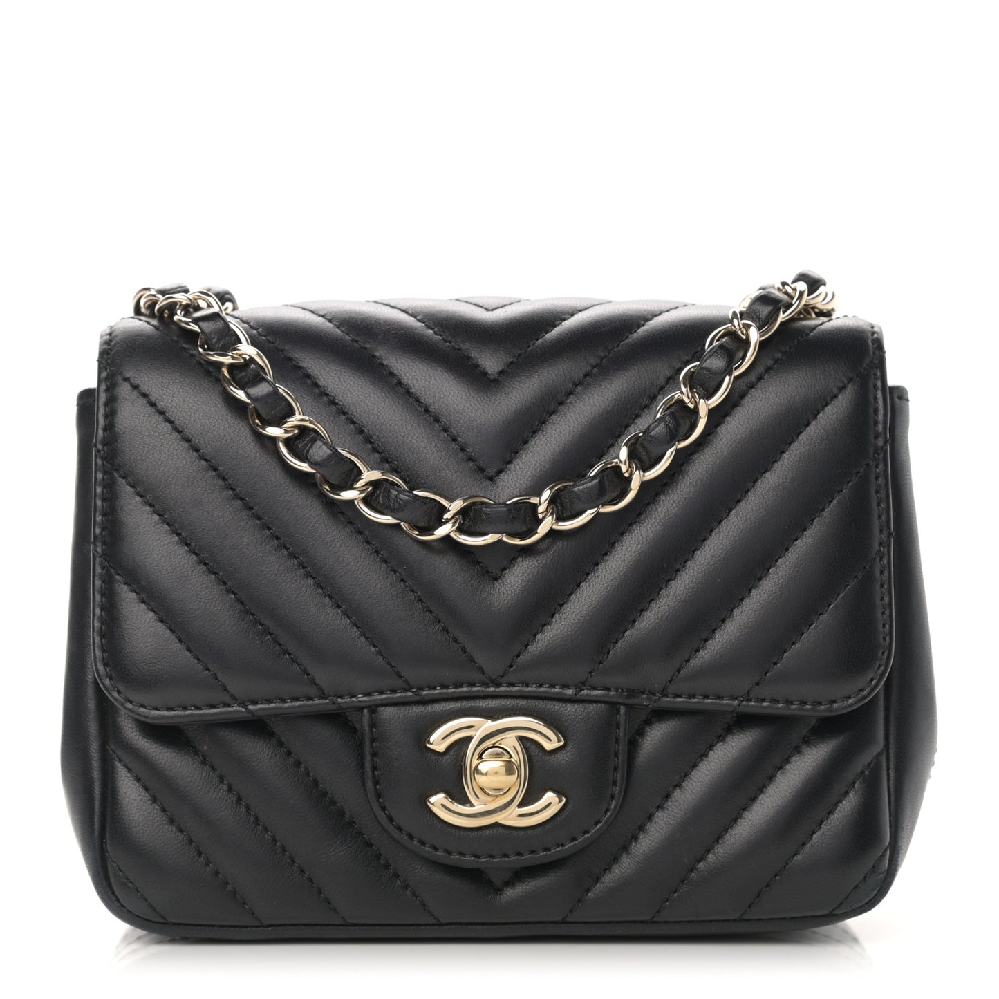 Lambskin Chevron Quilted Mini Square Flap Black