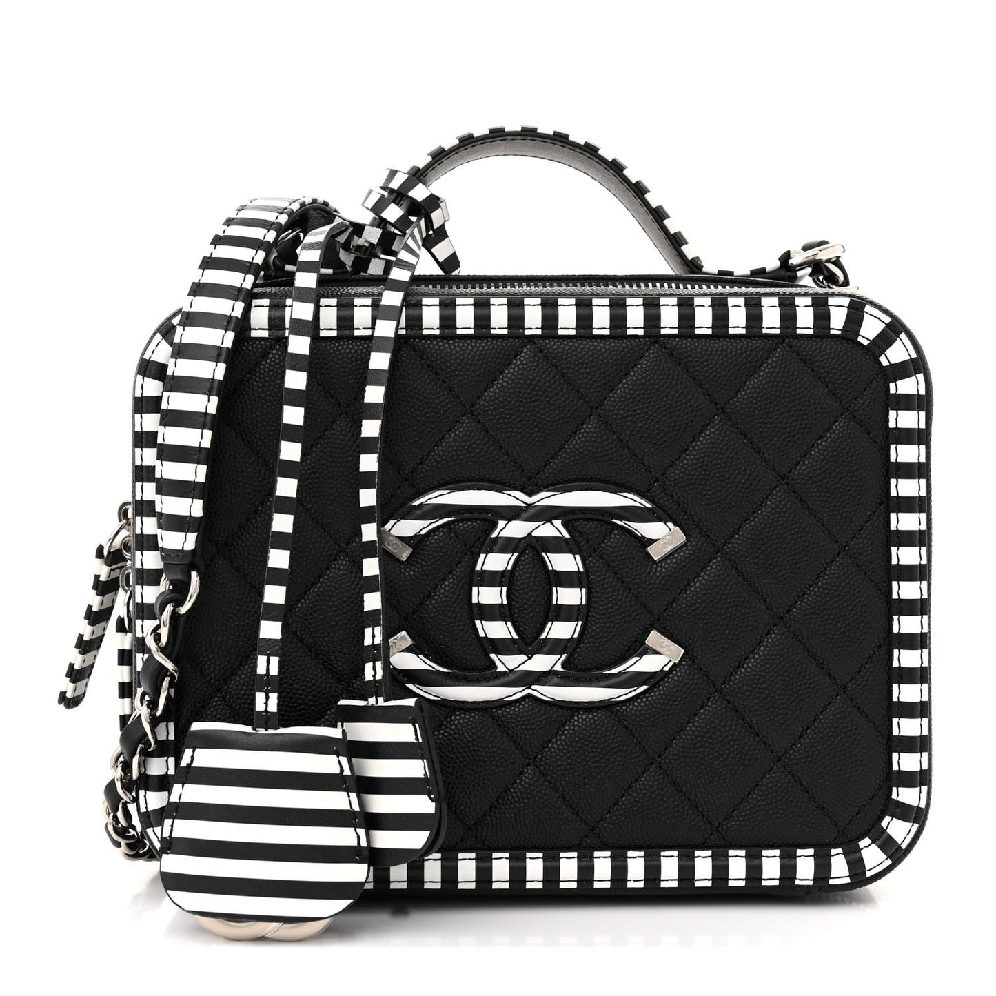 Caviar Quilted Striped Medium CC Filigree Vanity Case Black White