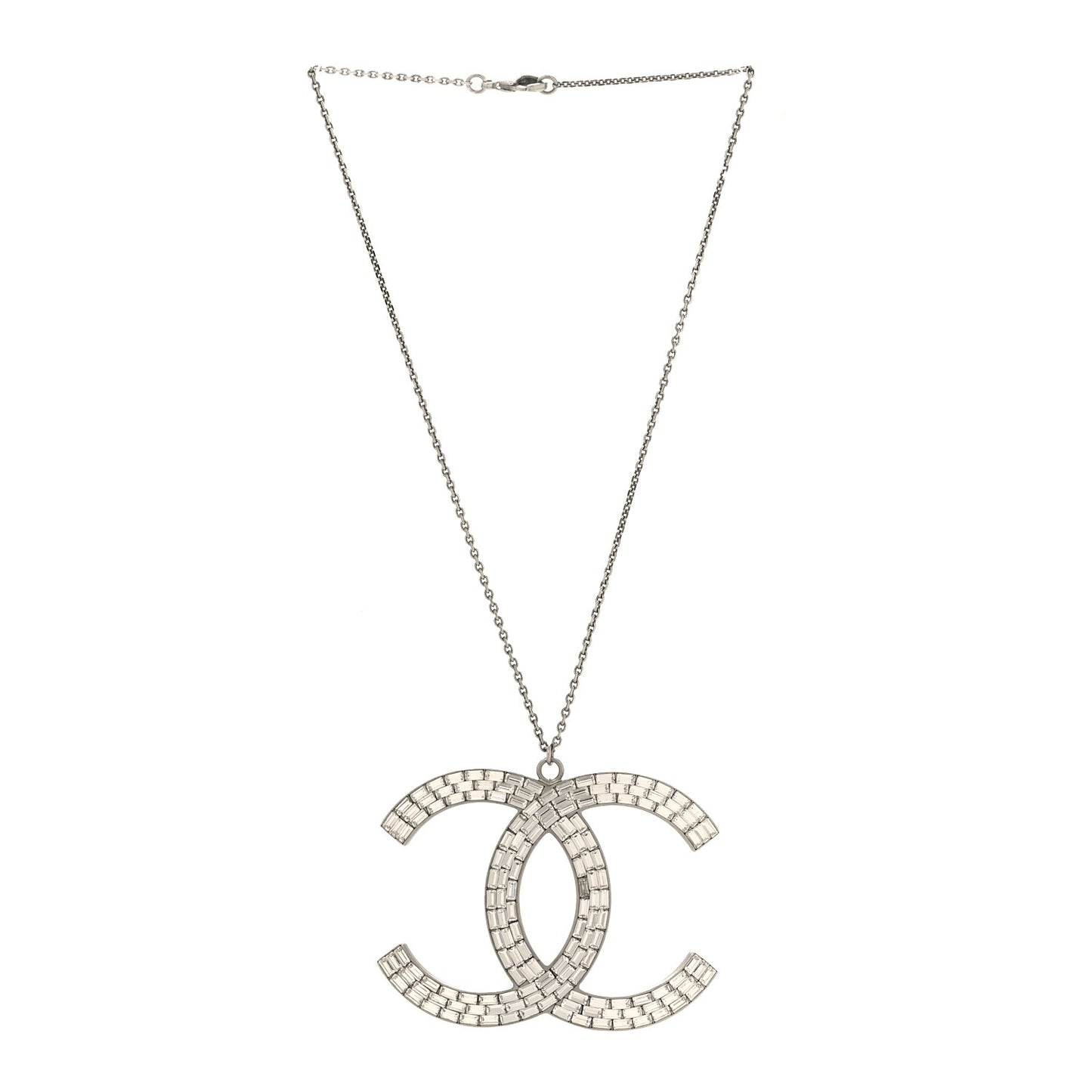 Baguette Crystal Large CC Pendant Necklace Silver