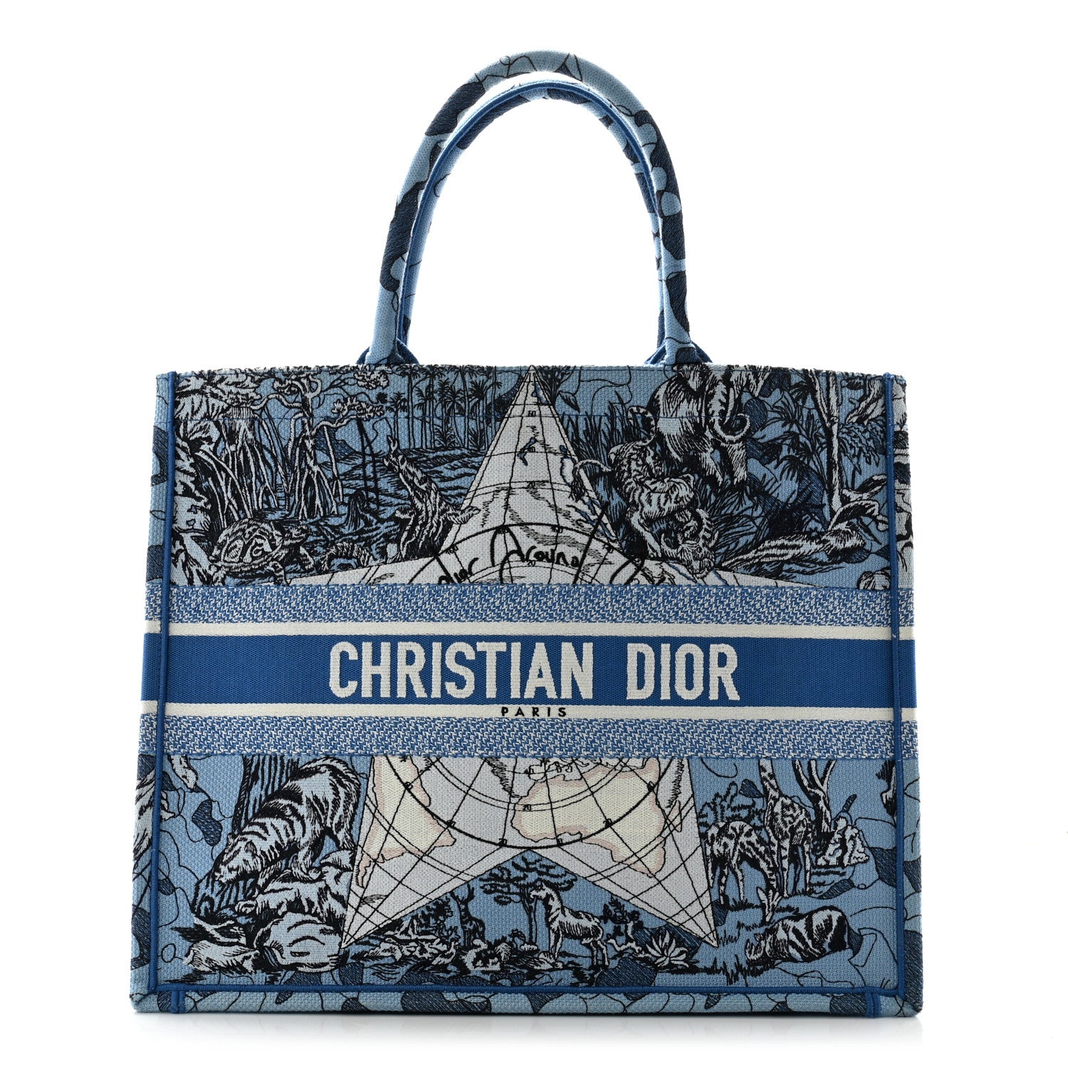 Christian Dior Canvas Embroidered Large Around The World Book Tote Light Blue 1 of 10