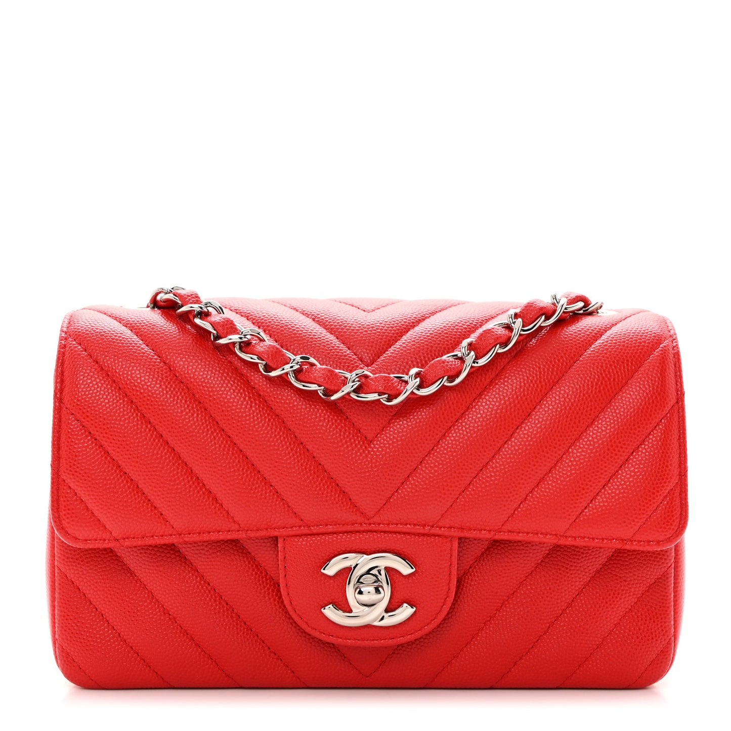 Caviar Chevron Quilted Mini Rectangular Flap Red