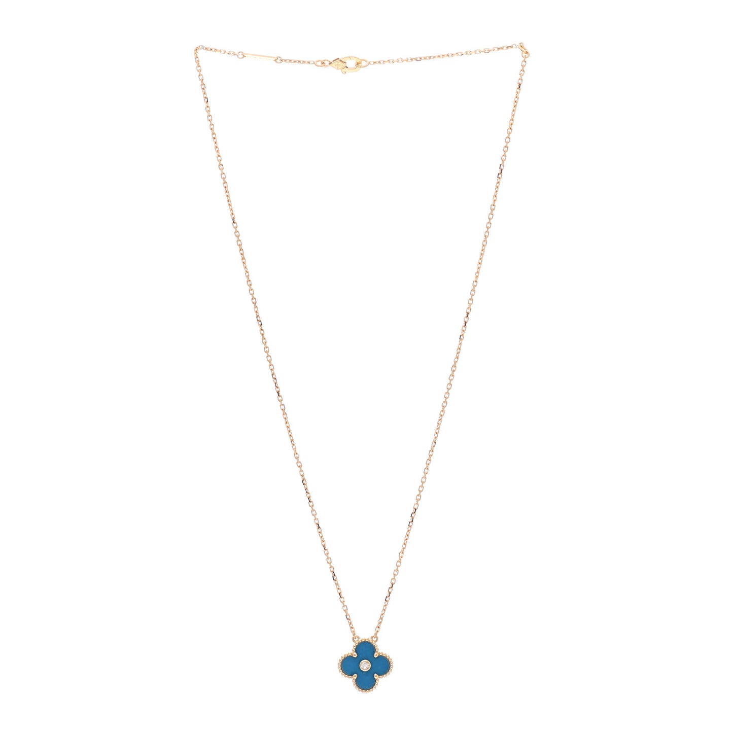 18K Yellow Gold Diamond Celestial Blue Sevres Porcelain Vintage Alhambra Pendant Necklace