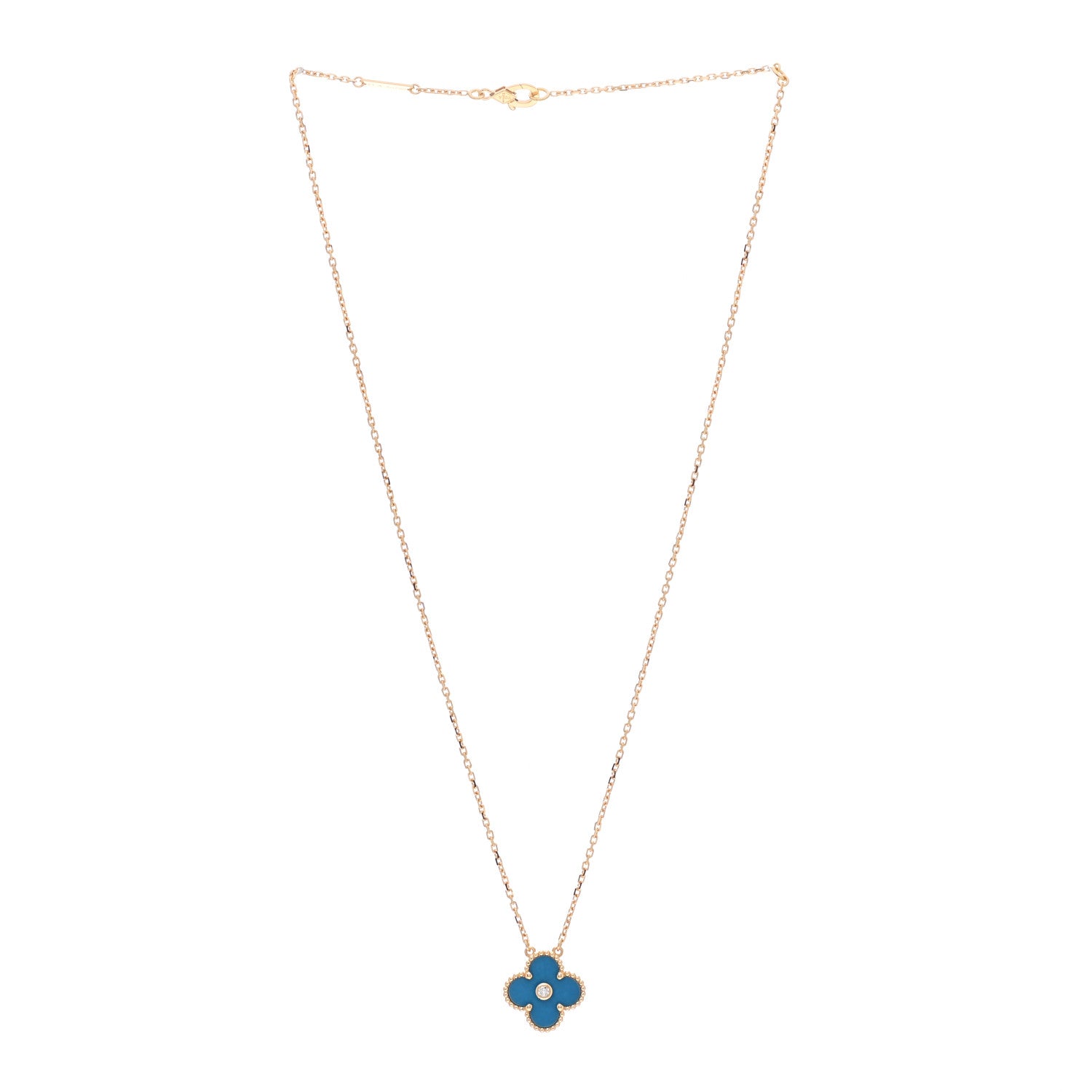 Van Cleef & Arpels 18K Yellow Gold Diamond Celestial Blue Sevres Porcelain Vintage Alhambra Pendant Necklace 3 of 7