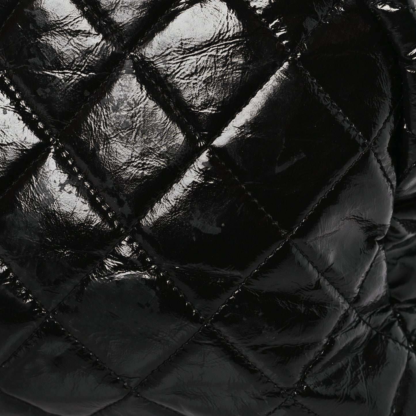 Shiny Crumpled Calfskin Quilted Large Bowling Bag Black
