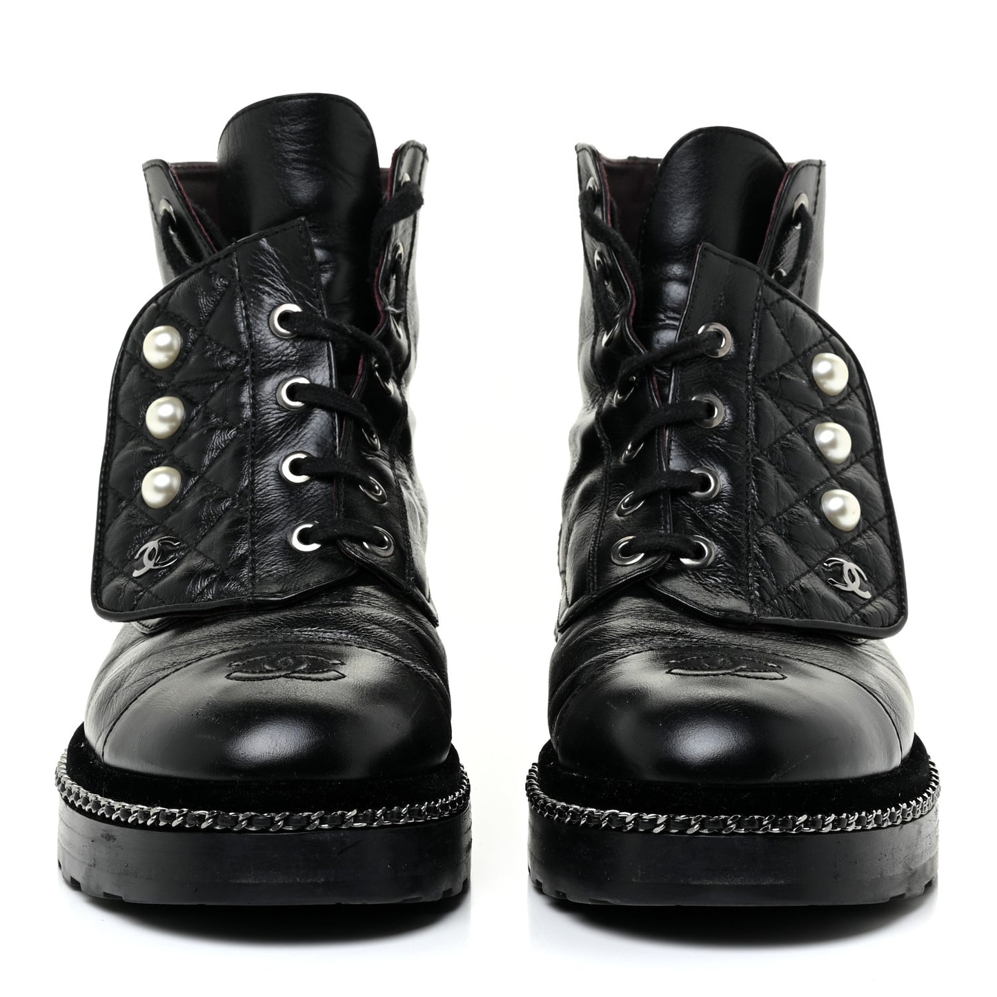 Crackled Calfskin Velvet Pearl Combat Short Boots 39 Black