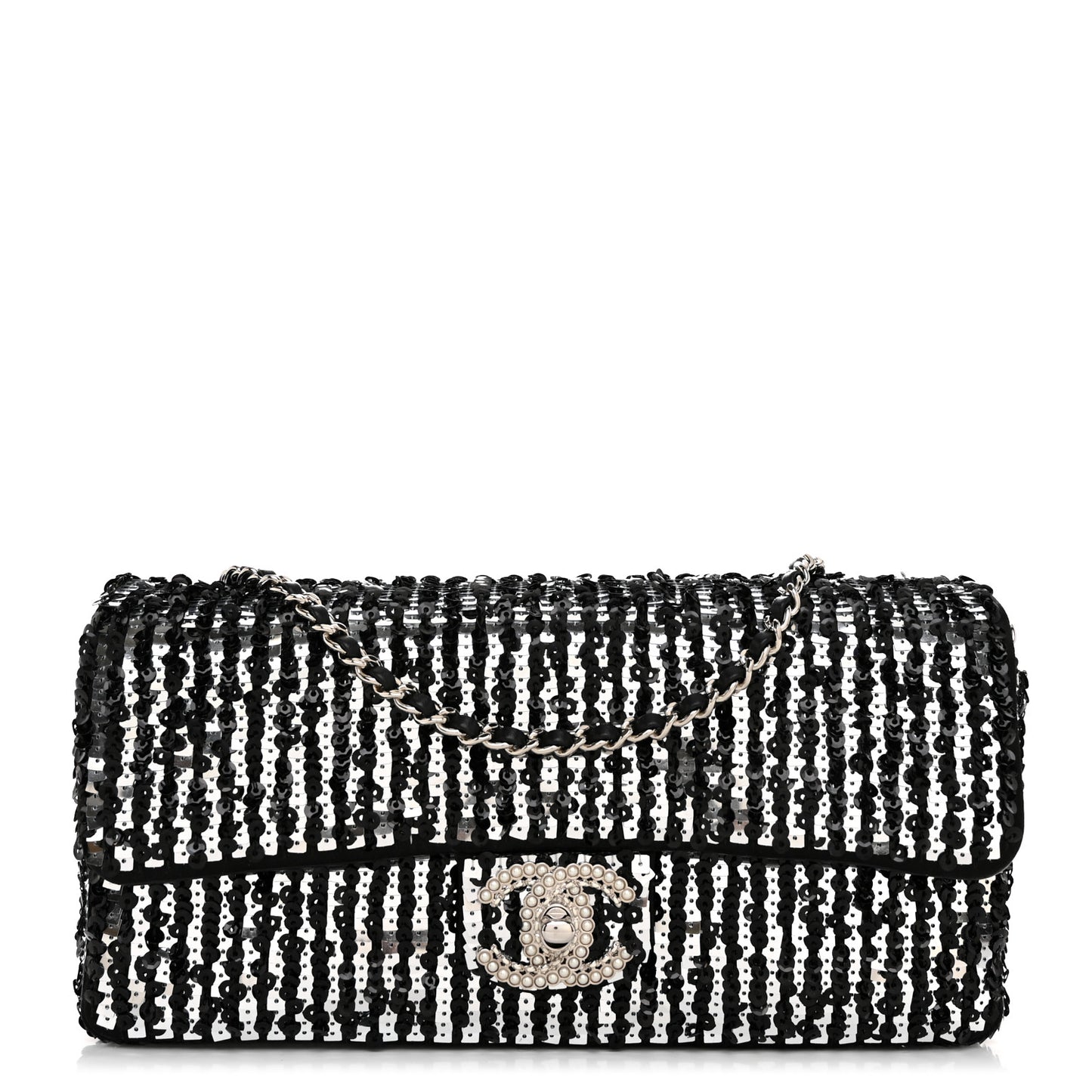 Sequin Quilted Pearl CC Flap Clutch Black