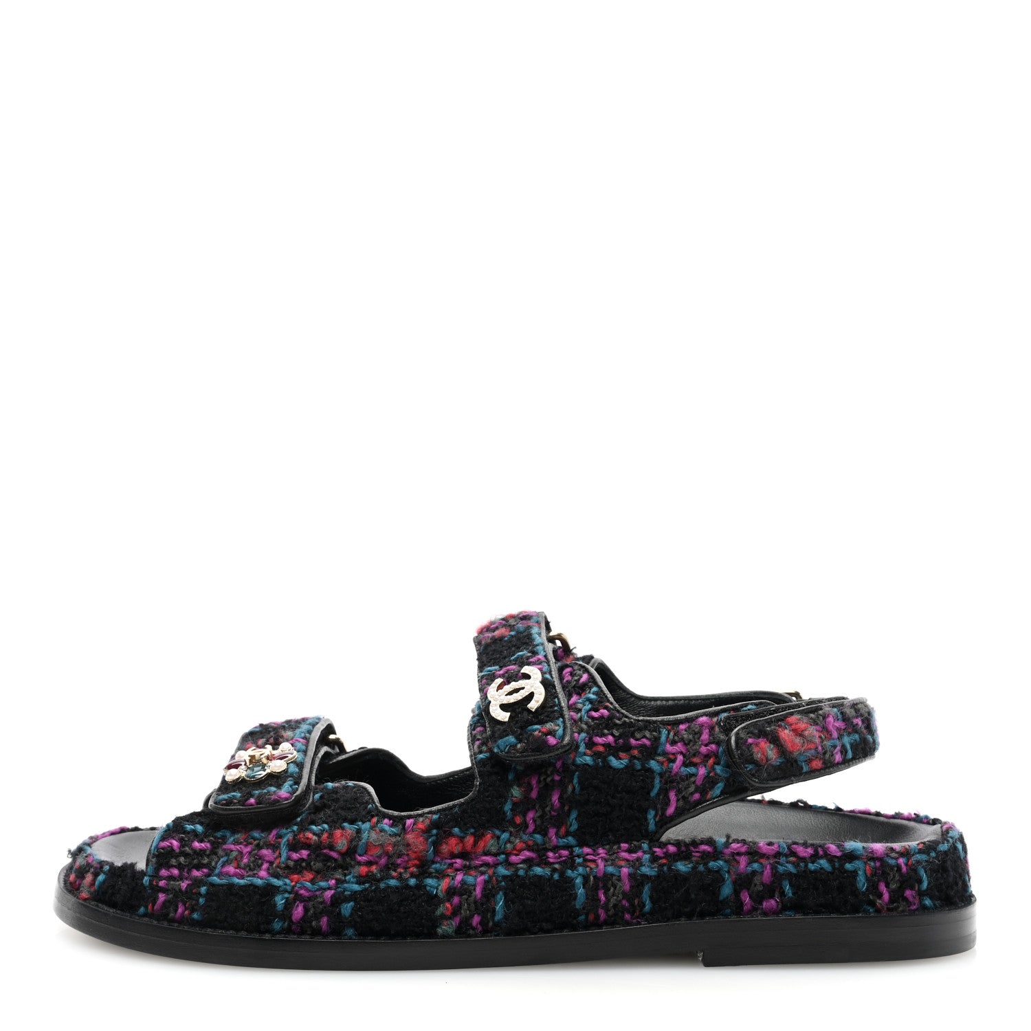 Chanel Wool Tweed Velcro Dad Sandals 39.5 Black Purple Green Red 1 of 9