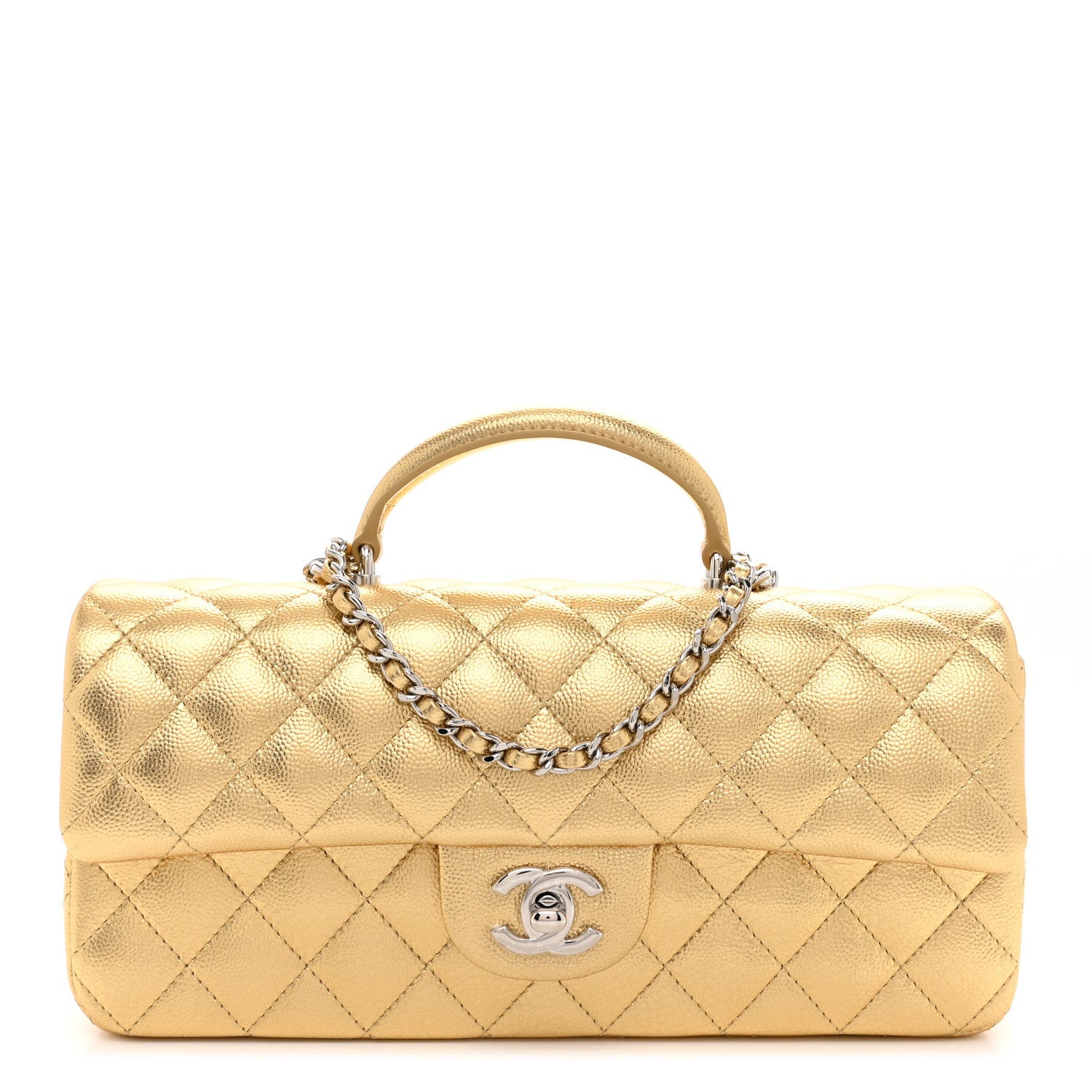 Chanel Metallic Caviar Quilted Top Handle East West Flap Gold