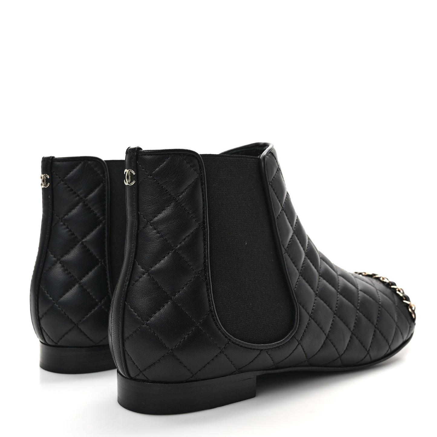 Lambskin Patent Chain Cap Toe Quilted Short Boots 38.5 Black