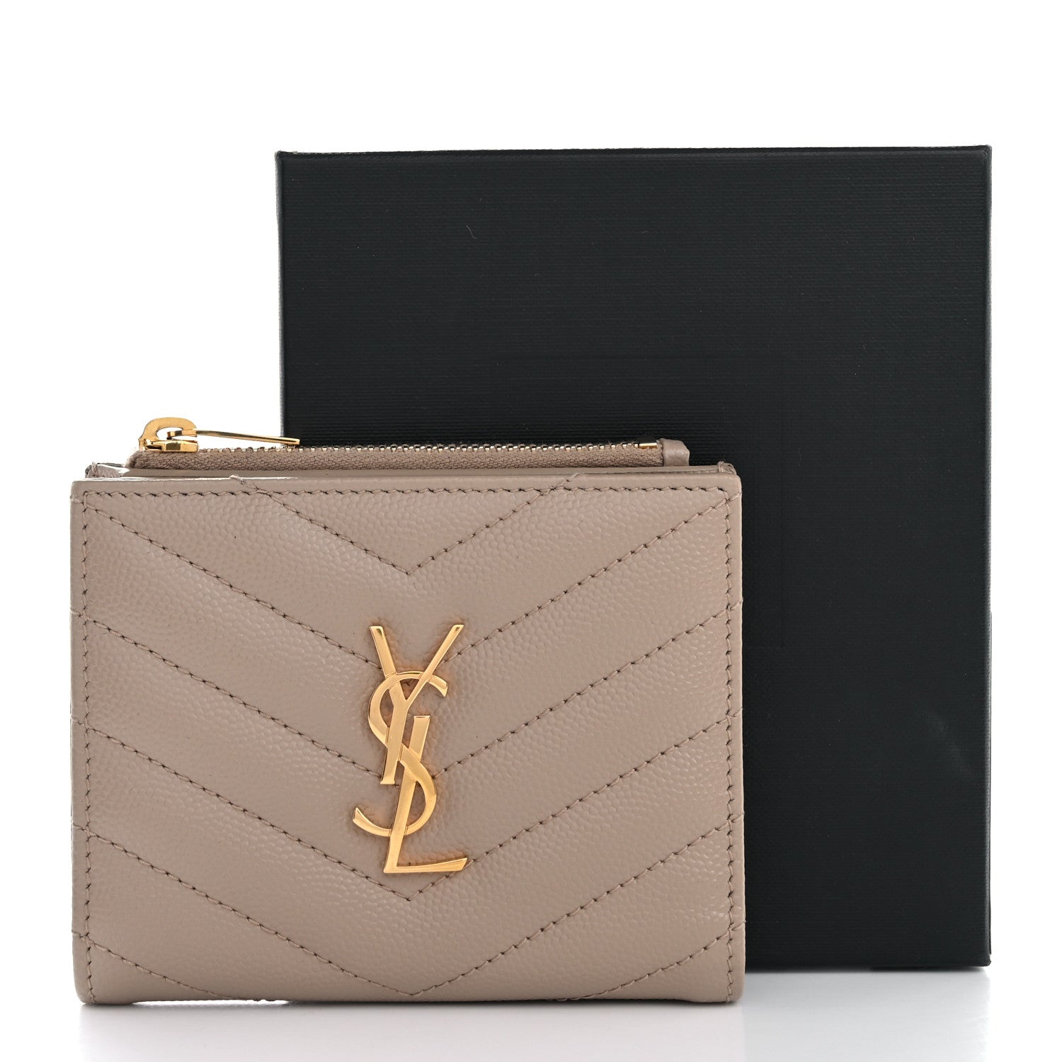 Saint Laurent Grain De Poudre Matelasse Chevron Monogram Zipped Card Case Dark Beige 12 of 12