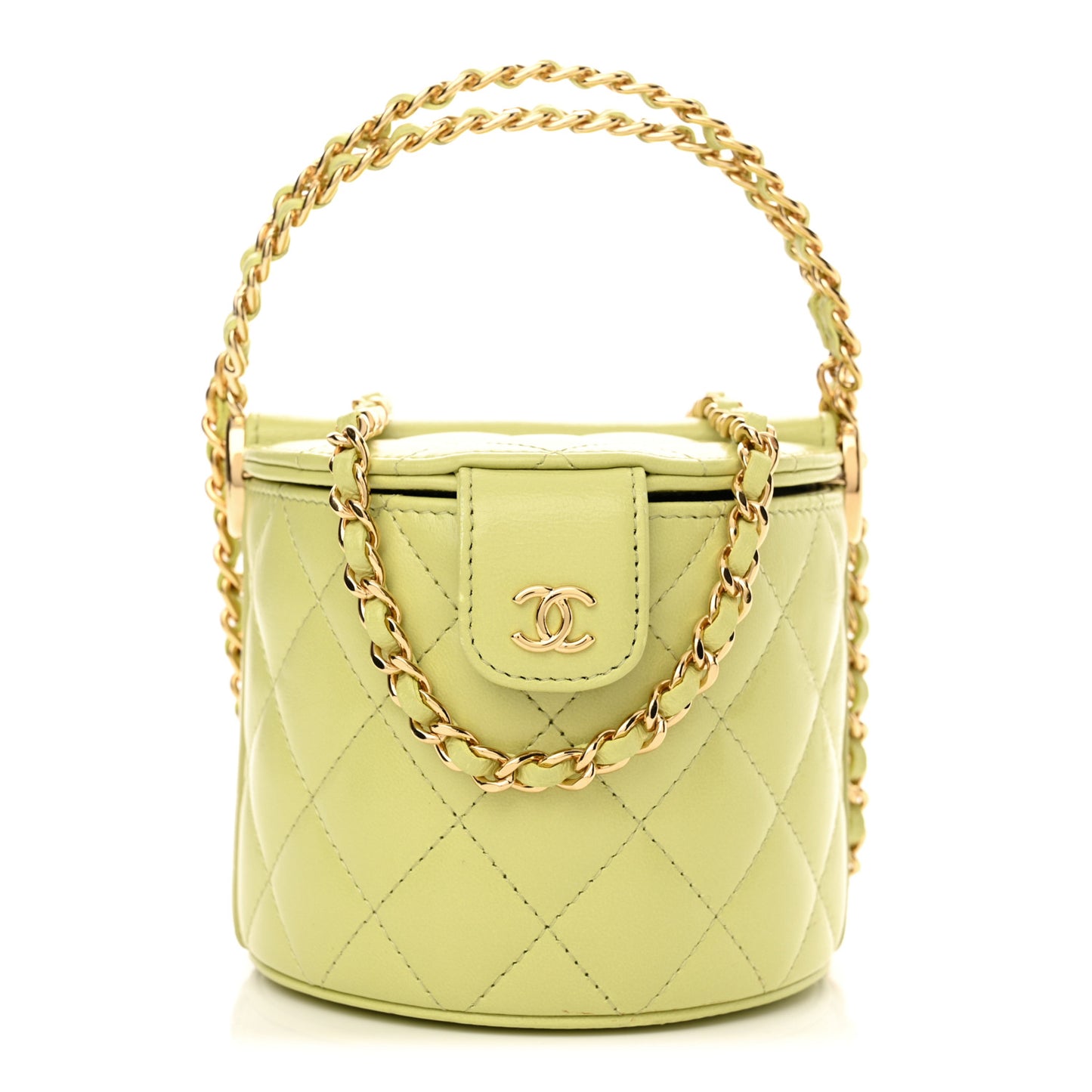 Shiny Lambskin Quilted Chain Top Handle Vanity With Chain Light Green
