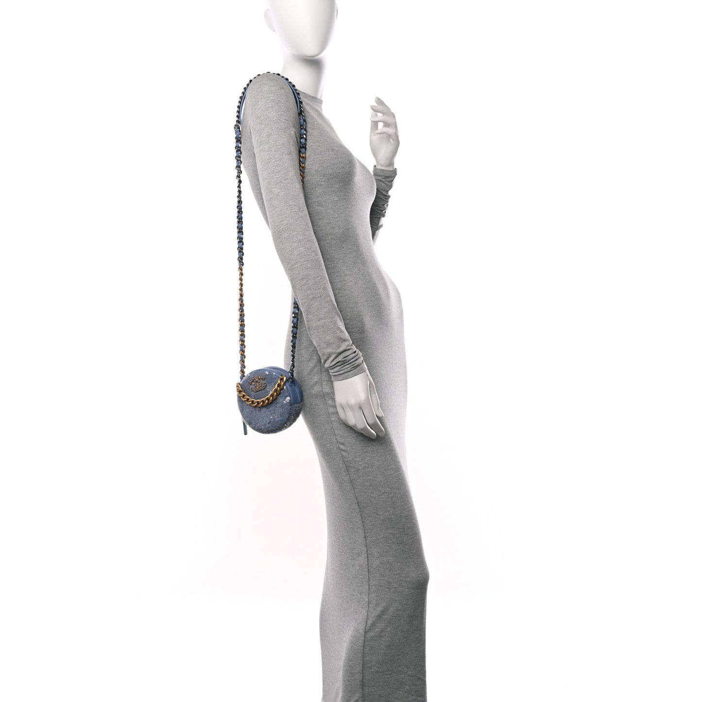 Sequin Chanel 19 Round Clutch With Chain Light Blue