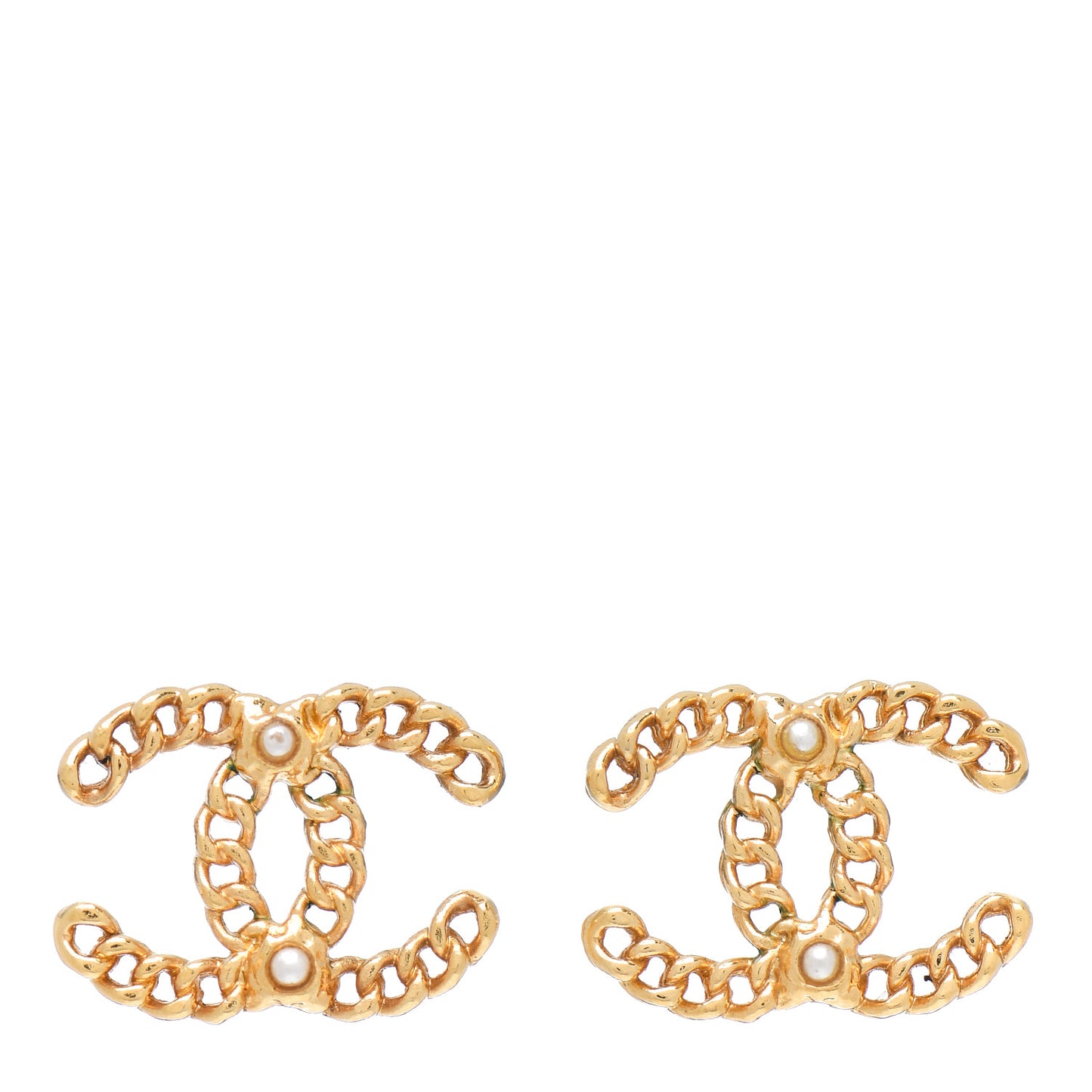 Metal Pearl CC Chain Link Earrings Light Gold