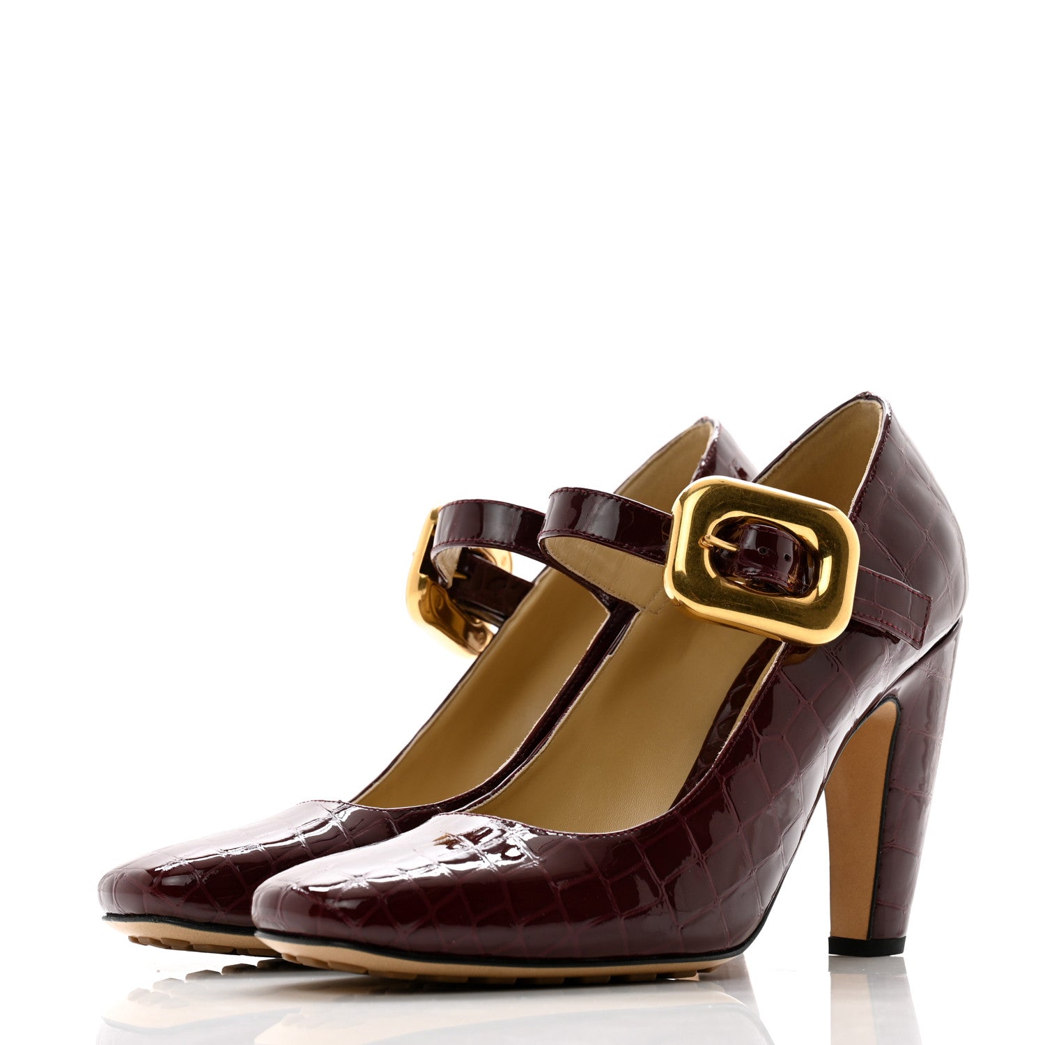 Bottega Veneta Glossy Calfskin Crocodile Embossed Mostra Mary Jane 90 MM Pumps 40 Merlot 3 of 10
