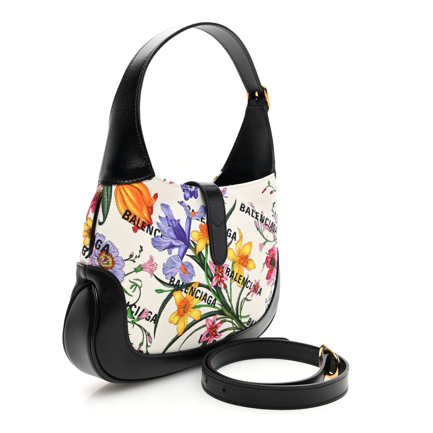 X BALENCIAGA Canvas Boarded Pluton Calfskin Flora Logo Print Small Jackie 1961 Hobo White Multicolor Black