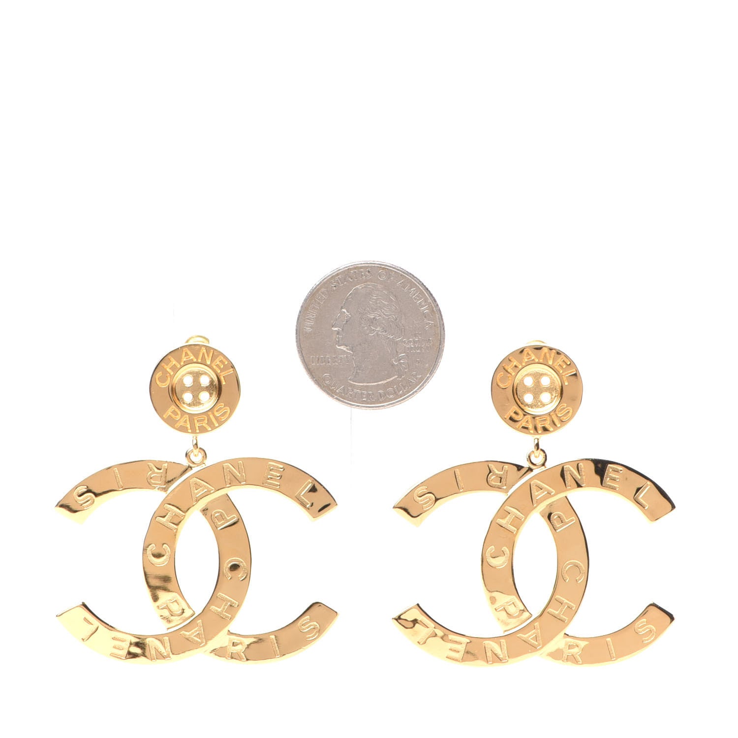 Chanel Metal Large Paris Button Earrings Gold 2 of 4