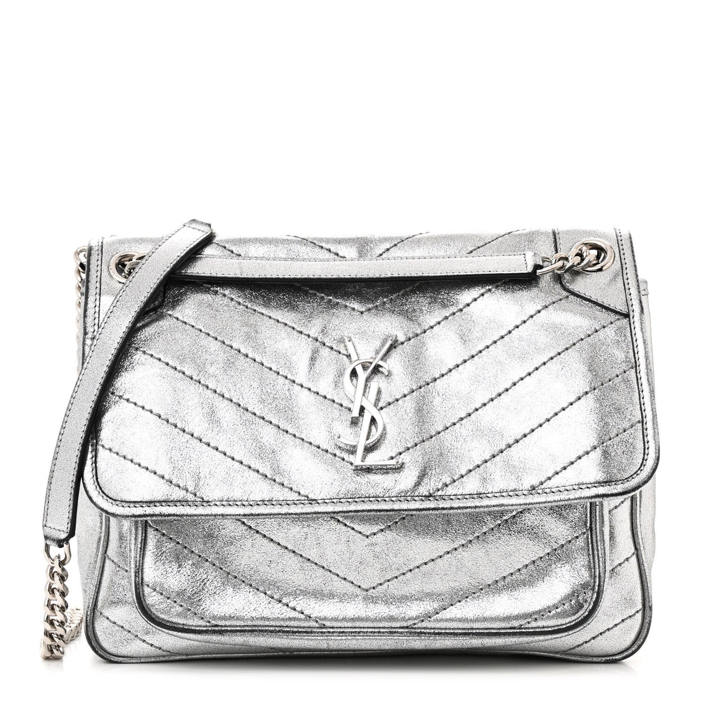 Metallic Lambskin Matelasse Monogram Medium Niki Chain Satchel Argento