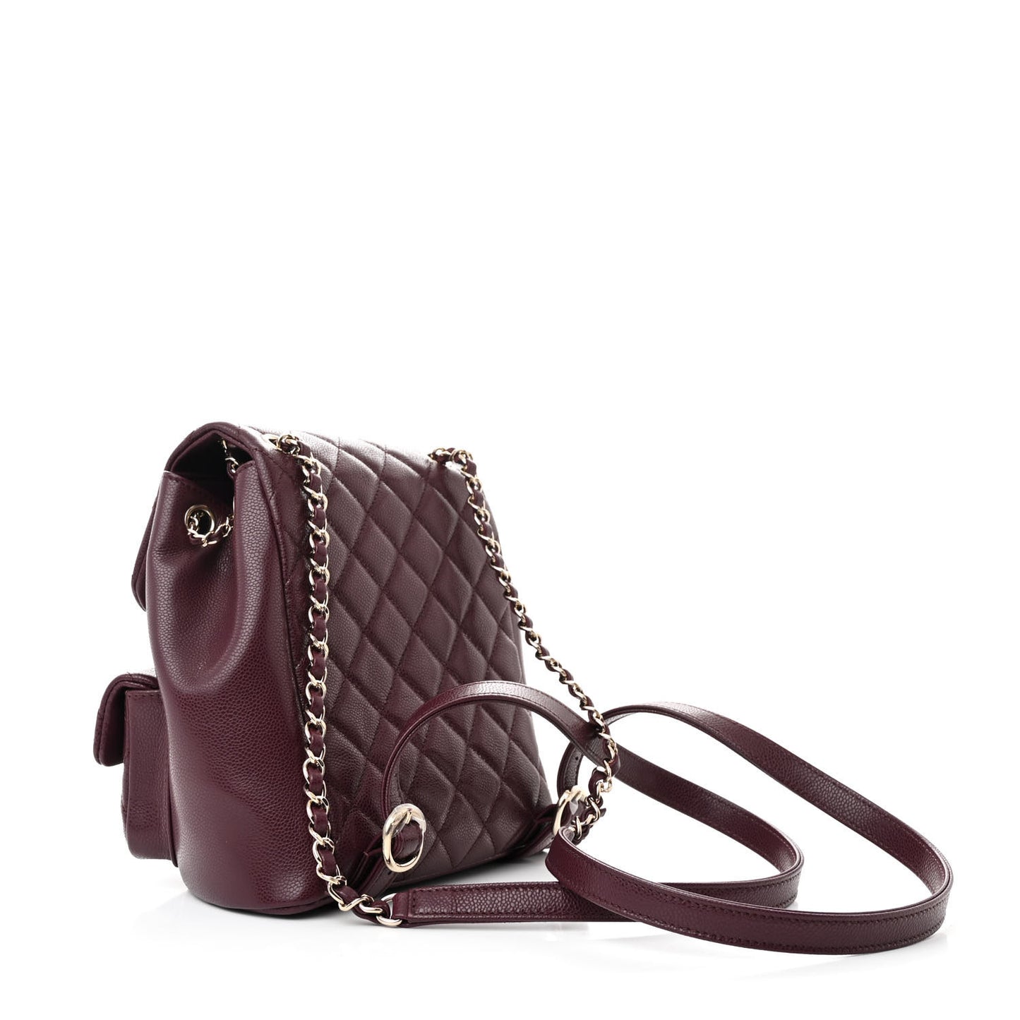Shiny Caviar Quilted Medium Duma Pockets Drawstring Backpack Dark Burgundy