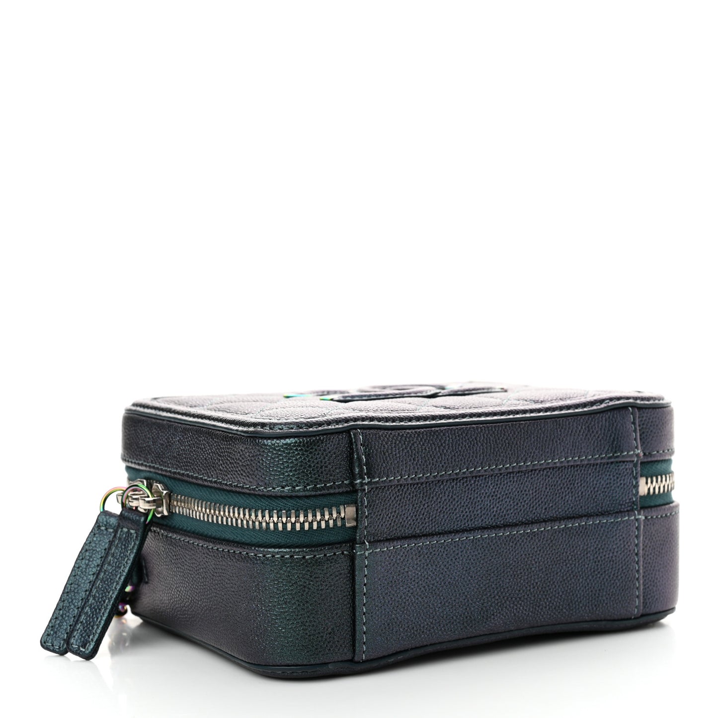 Iridescent Caviar Quilted Small CC Filigree Vanity Case Dark Turquoise