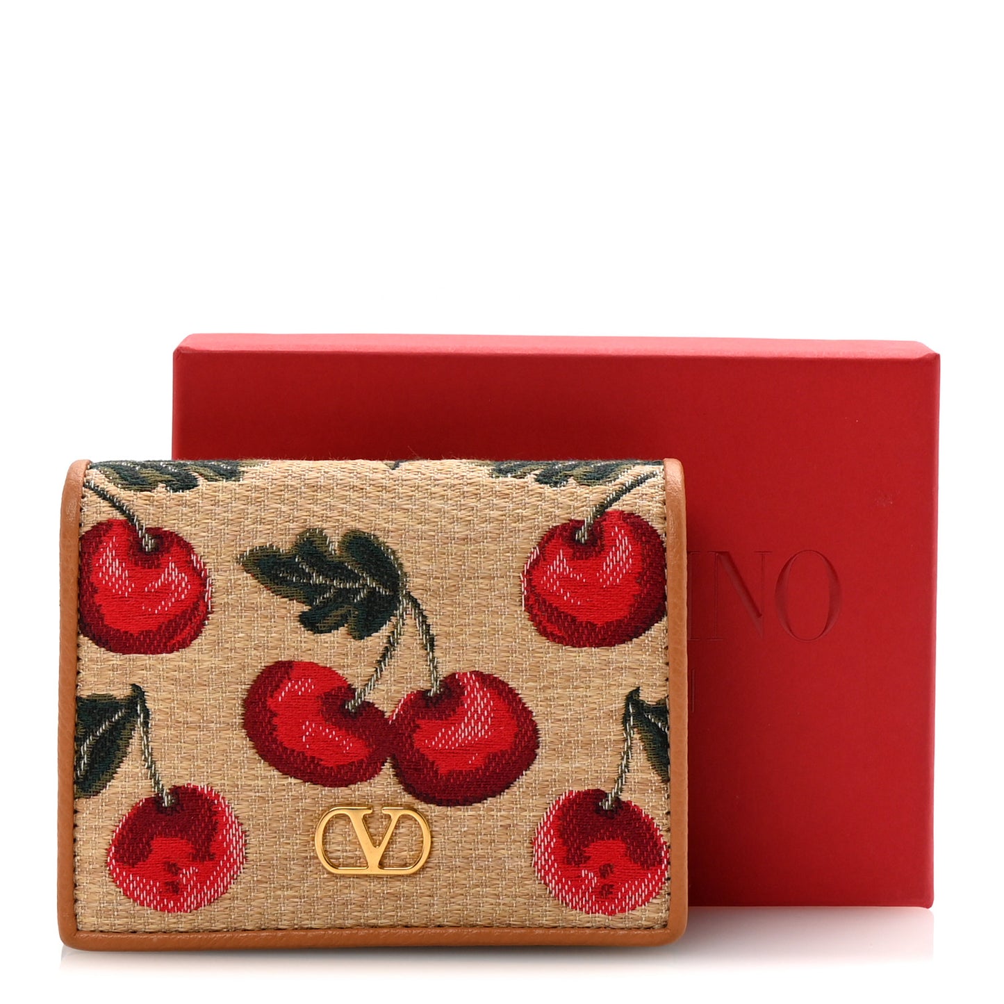 Cherryfic Jacquard Raffia Compact Vlogo Wallet Natural Red