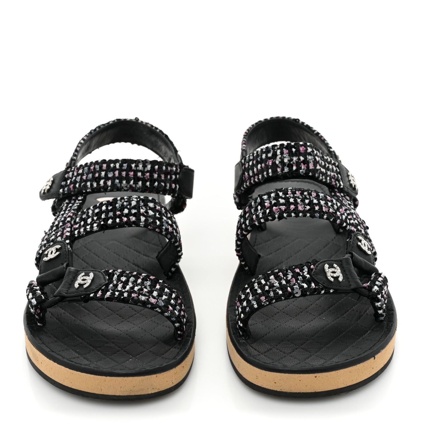 Tweed Lambskin Crystal CC Sandals 37 Black Multicolor
