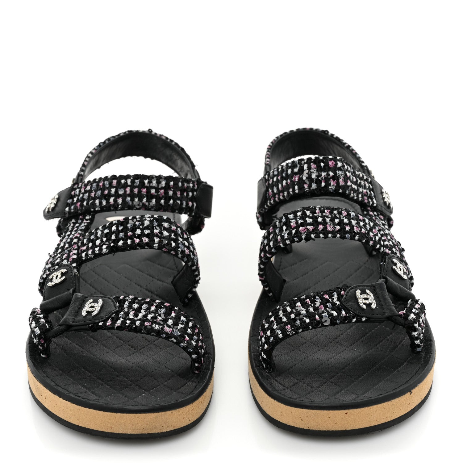 Chanel Tweed Lambskin Crystal CC Sandals 37 Black Multicolor 2 of 13