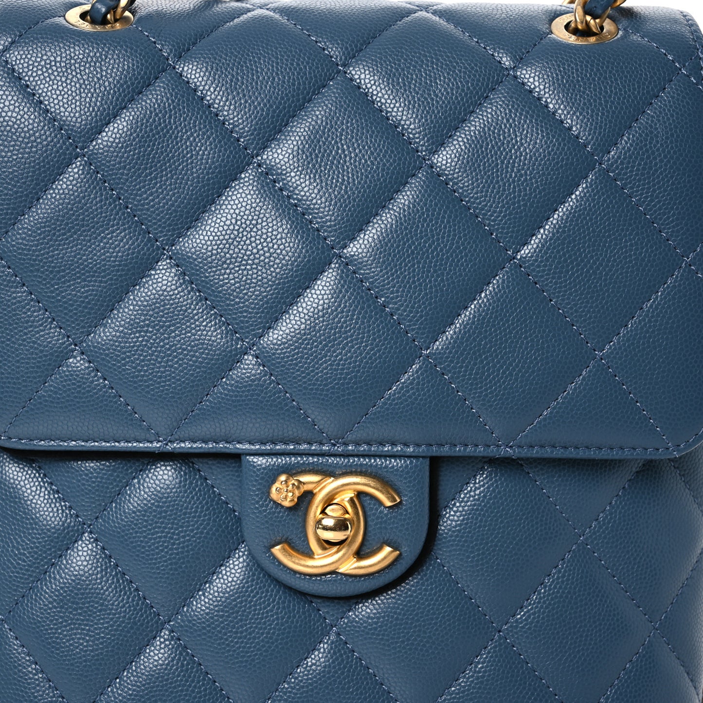 Caviar Quilted Camellia Chain Around Backpack Blue