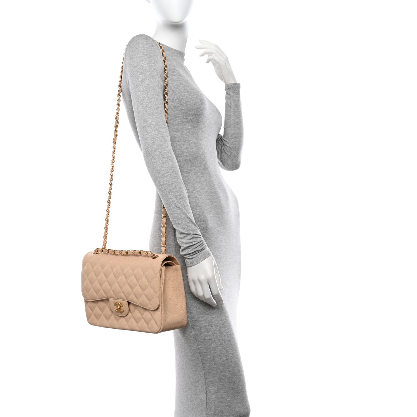 Caviar Quilted Jumbo Double Flap Beige Clair