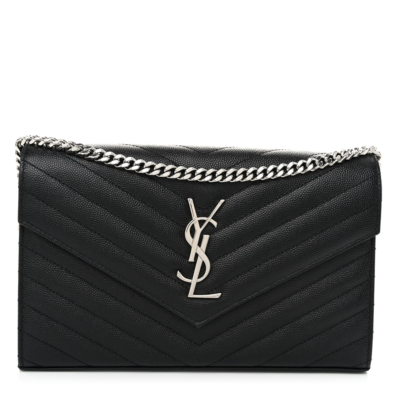Saint Laurent Grain De Poudre Matelasse Chevron Monogram Chain Wallet Black 1 of 9