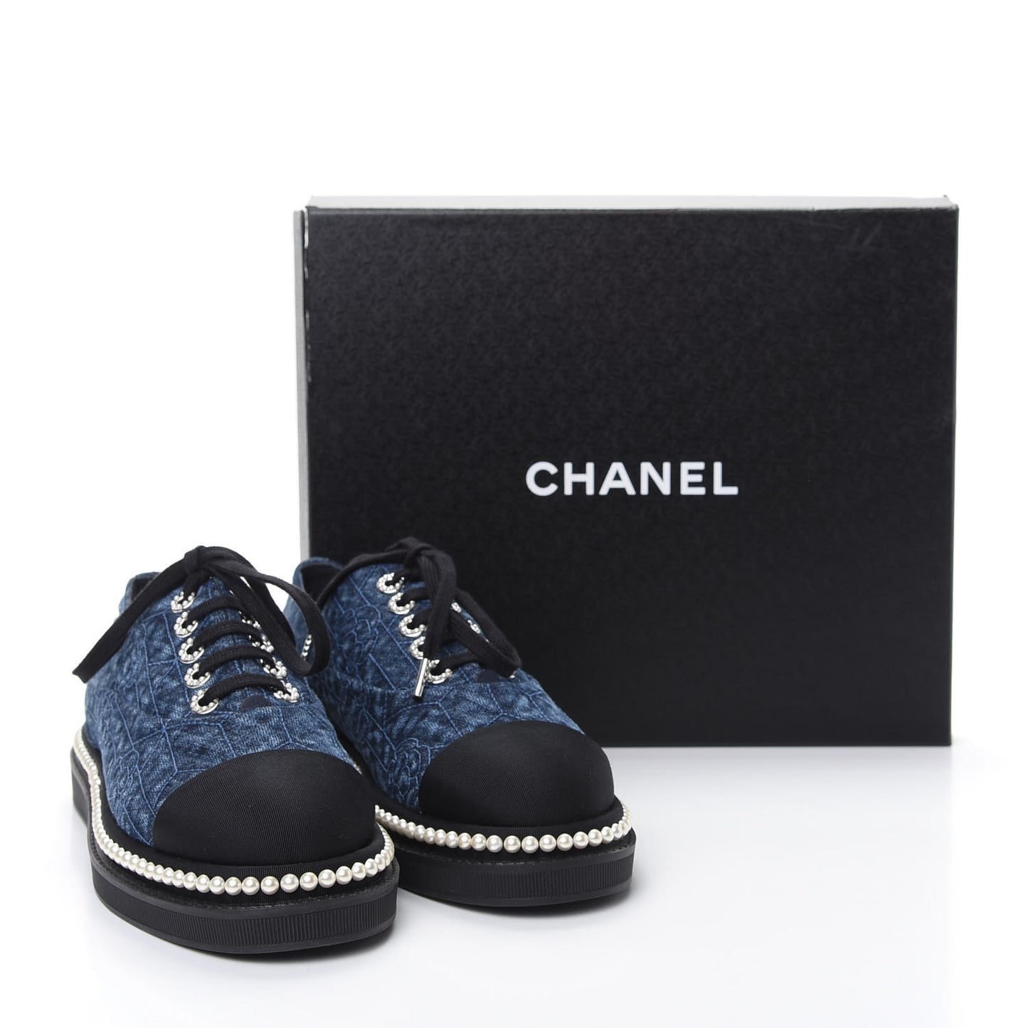 Denim Grosgrain Camellia Pearl Lace Up Sneakers 38.5 Blue Black