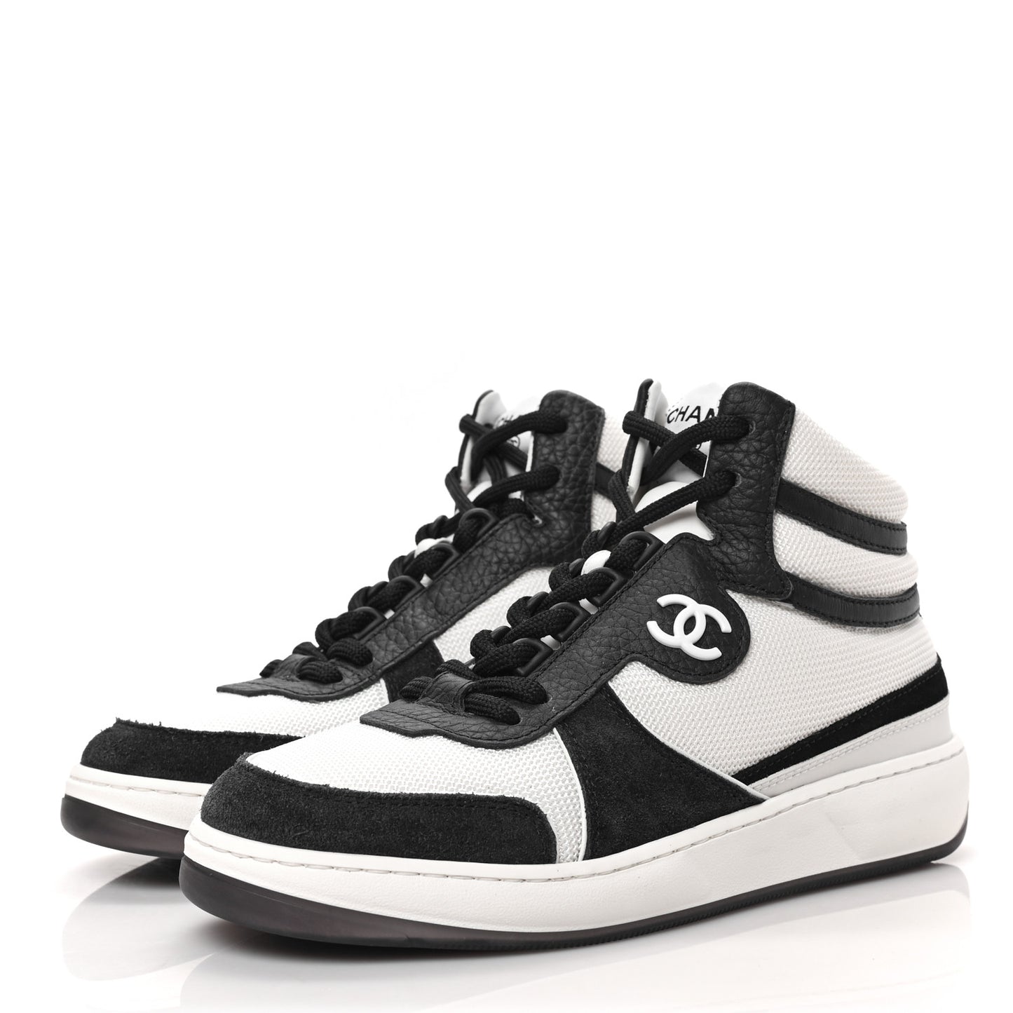 Suede Fabric Grained Calfskin Womens CC High Top Sneakers 35 White Navy